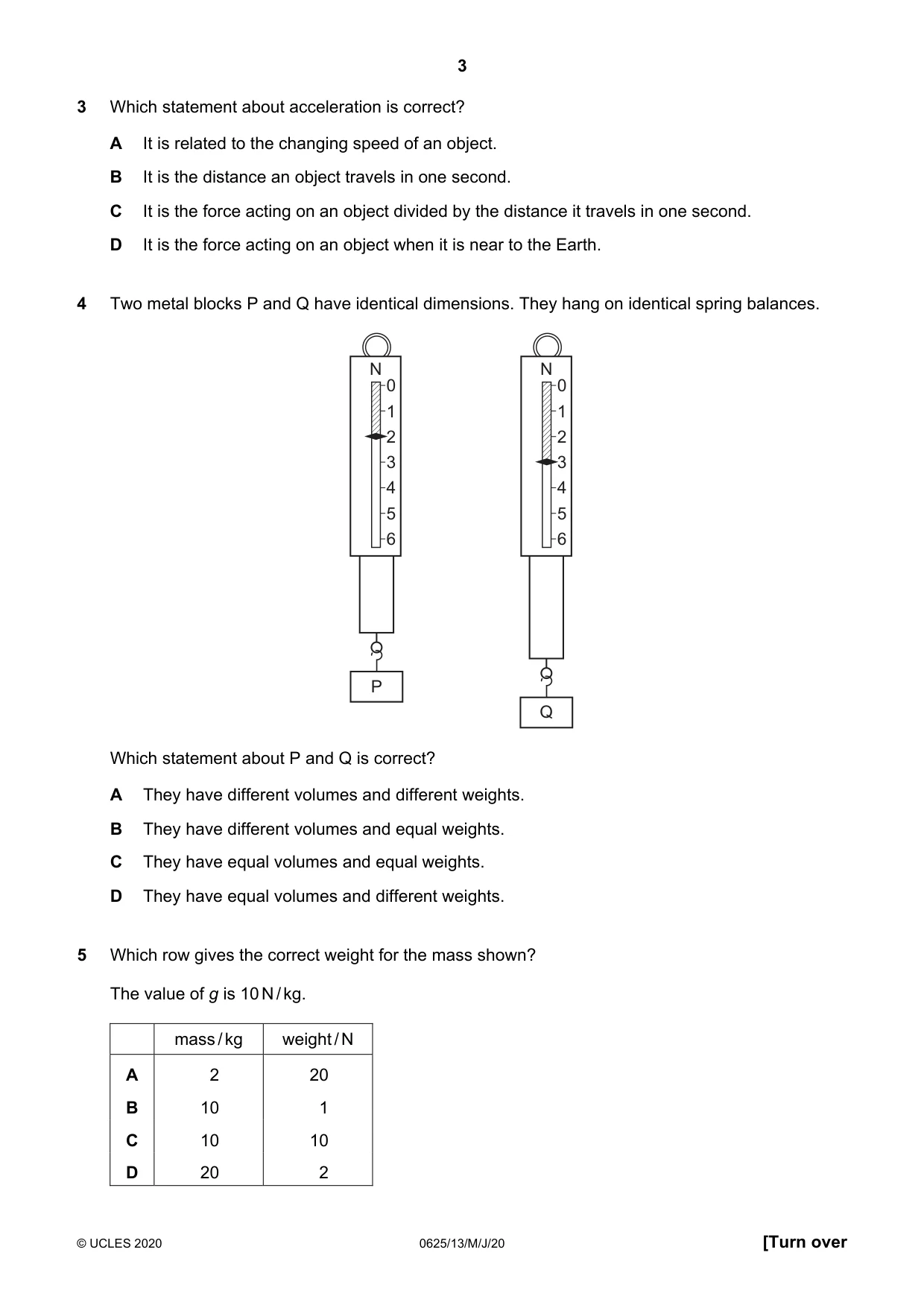 Cambridge IGCSE Physics 0625 2020 May/June Paper 1 · Variant 3 question paper, page 3 of 20