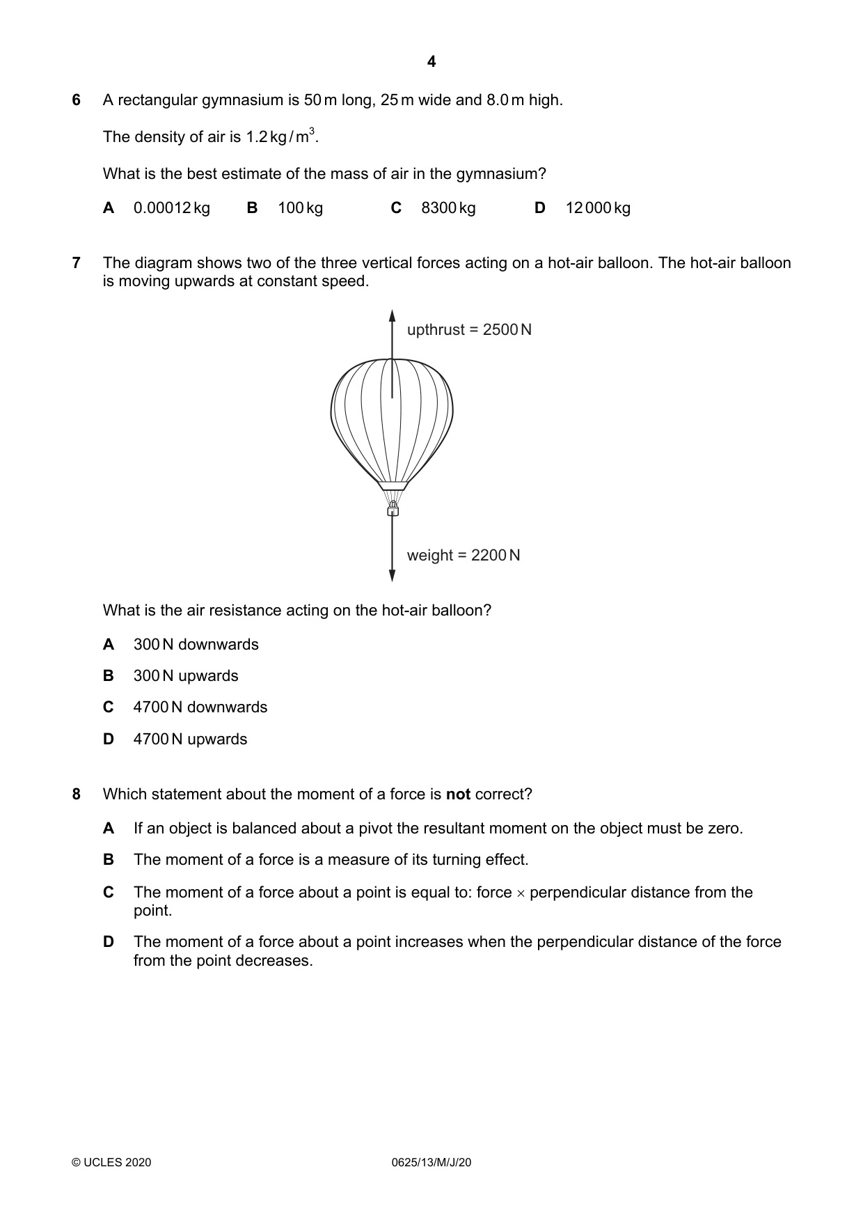 Cambridge IGCSE Physics 0625 2020 May/June Paper 1 · Variant 3 question paper, page 4 of 20