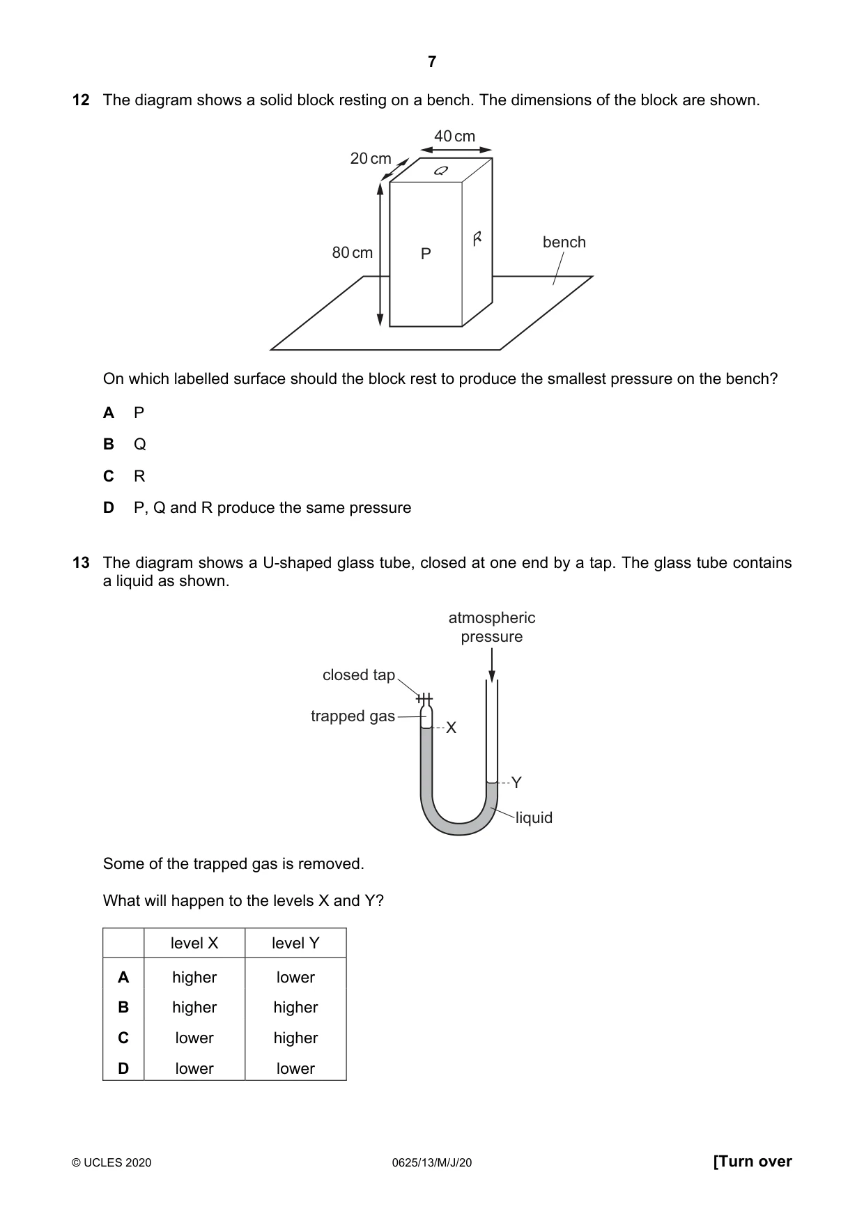 Cambridge IGCSE Physics 0625 2020 May/June Paper 1 · Variant 3 question paper, page 7 of 20