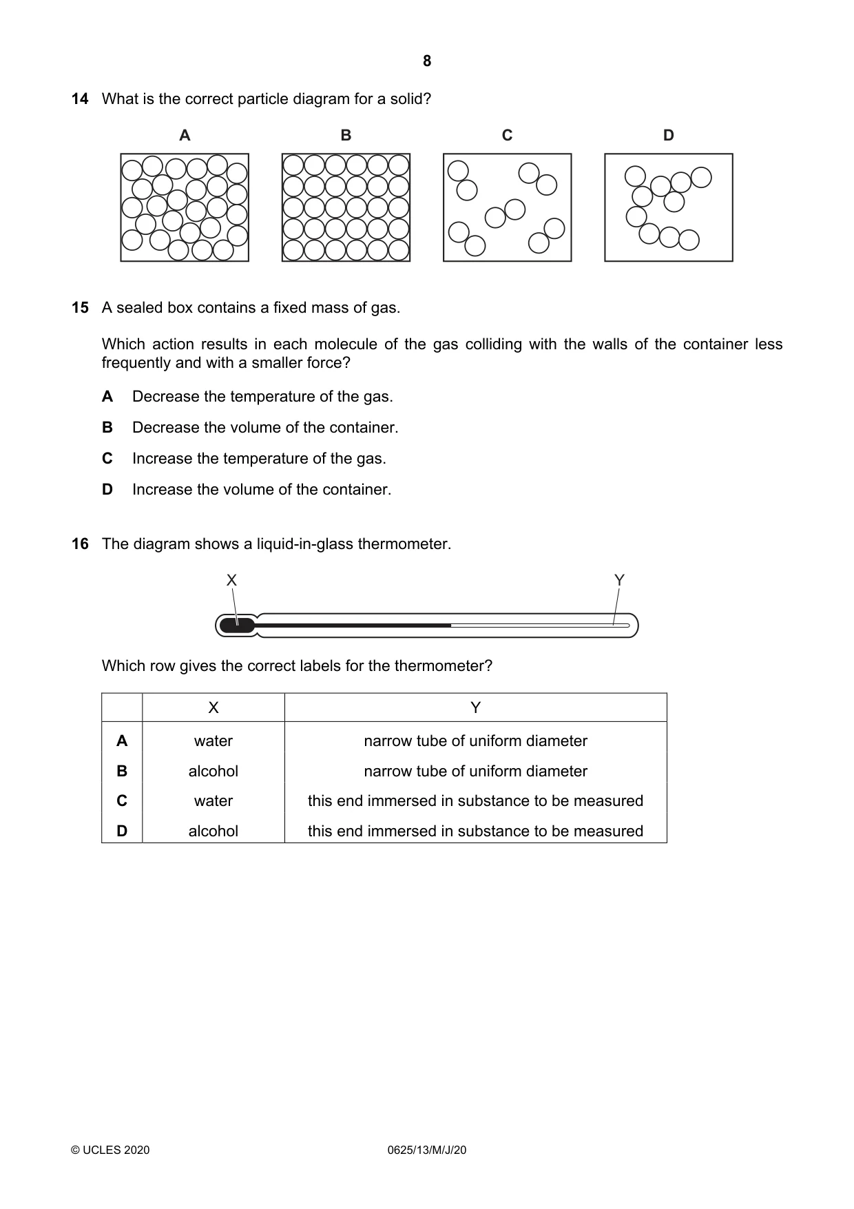 Cambridge IGCSE Physics 0625 2020 May/June Paper 1 · Variant 3 question paper, page 8 of 20