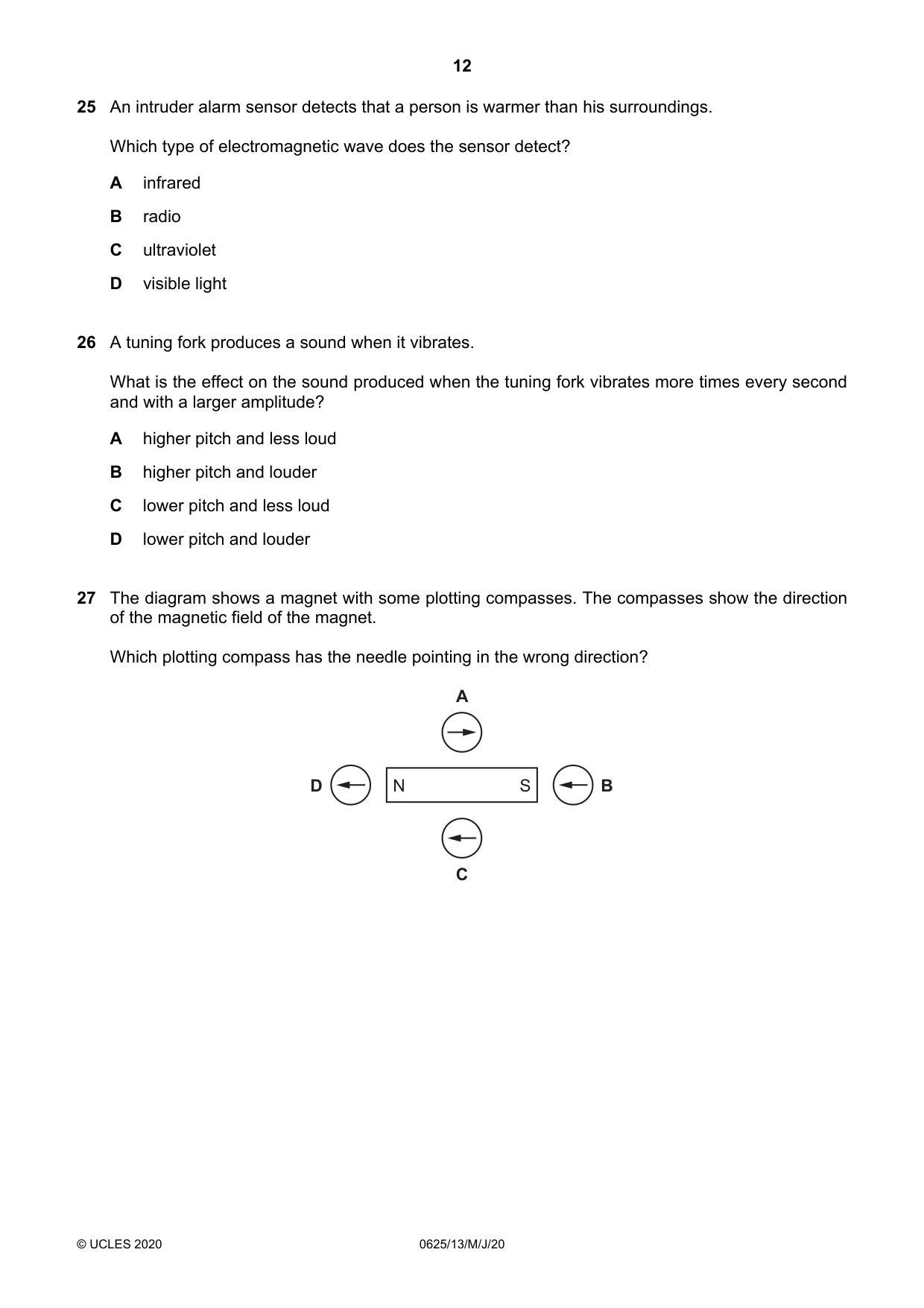 Cambridge IGCSE Physics 0625 2020 May/June Paper 1 · Variant 3 question paper, page 12 of 20