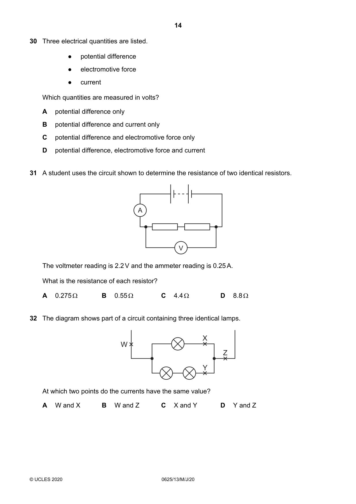 Cambridge IGCSE Physics 0625 2020 May/June Paper 1 · Variant 3 question paper, page 14 of 20
