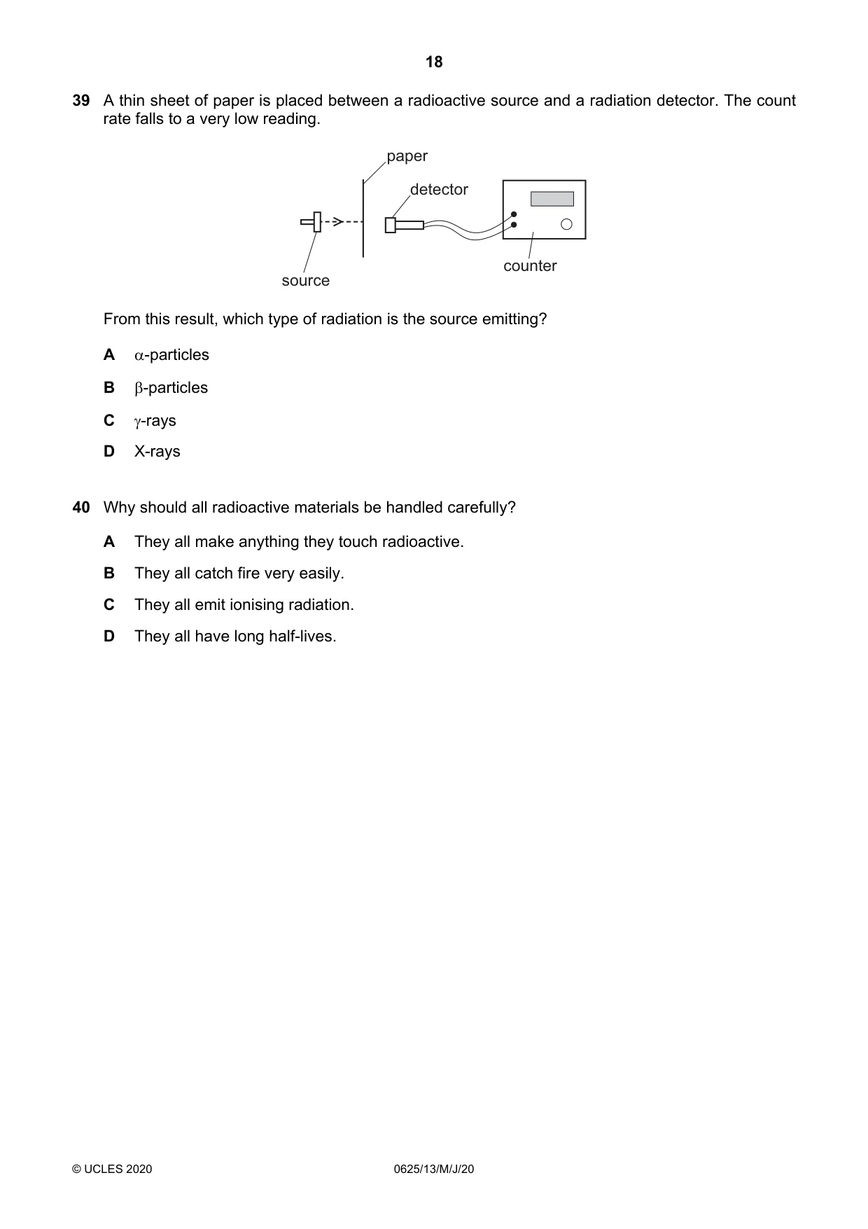 Cambridge IGCSE Physics 0625 2020 May/June Paper 1 · Variant 3 question paper, page 18 of 20