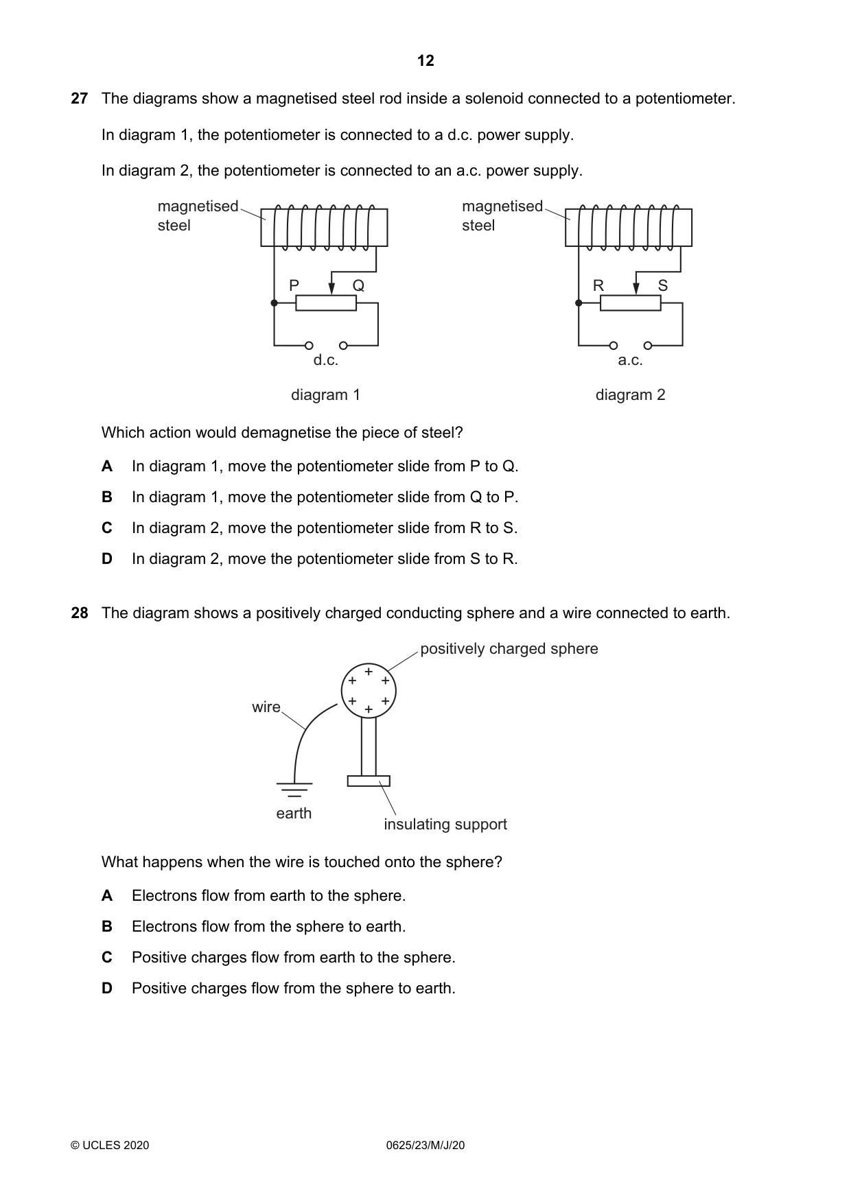 Cambridge IGCSE Physics 0625 2020 May/June Paper 2 · Variant 3 question paper, page 12 of 20
