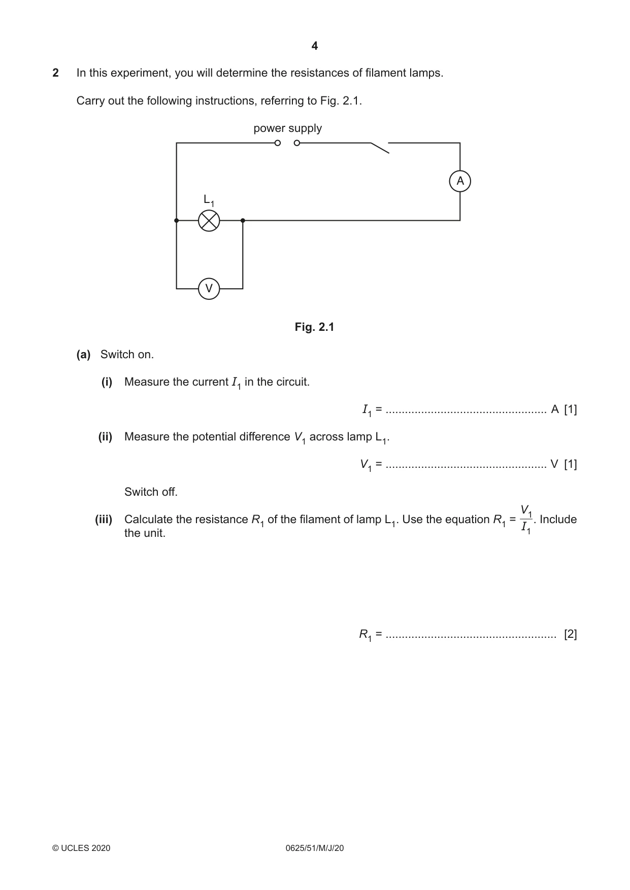 Cambridge IGCSE Physics 0625 2020 May/June Paper 5 · Variant 1 question paper, page 4 of 12