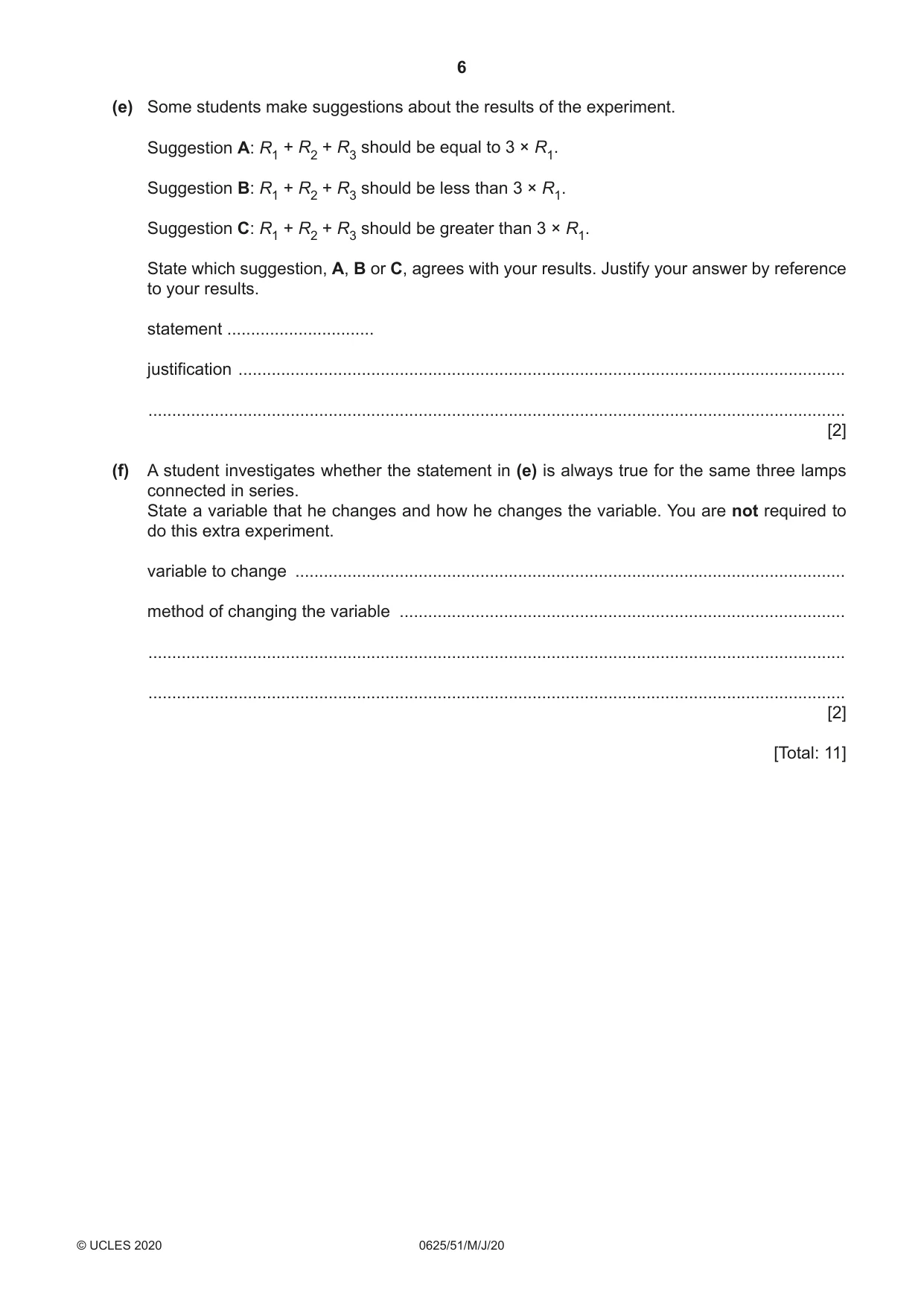 Cambridge IGCSE Physics 0625 2020 May/June Paper 5 · Variant 1 question paper, page 6 of 12