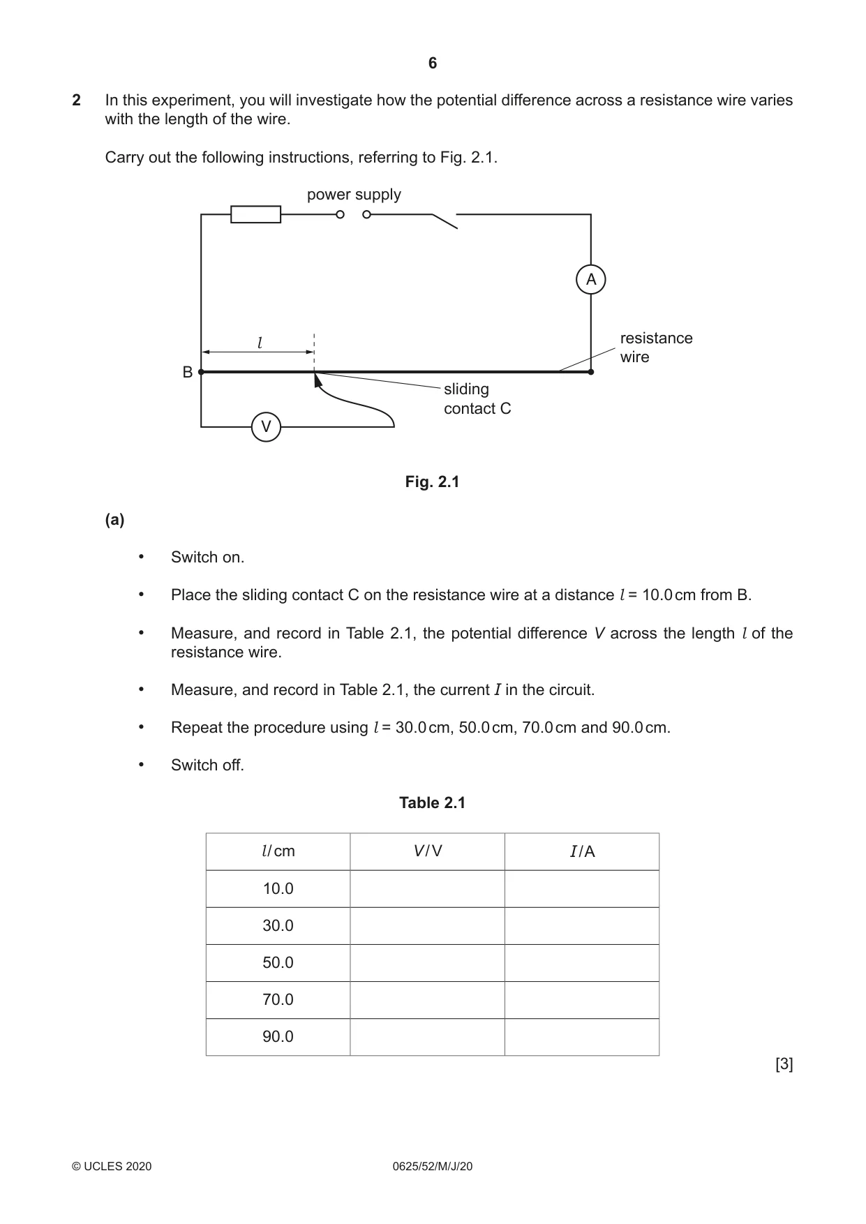Cambridge IGCSE Physics 0625 2020 May/June Paper 5 · Variant 2 question paper, page 6 of 12