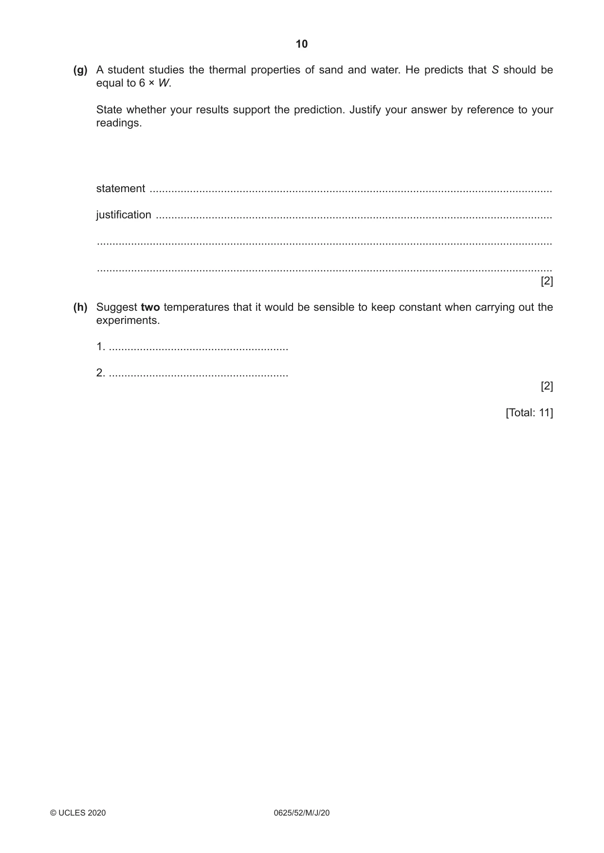 Cambridge IGCSE Physics 0625 2020 May/June Paper 5 · Variant 2 question paper, page 10 of 12