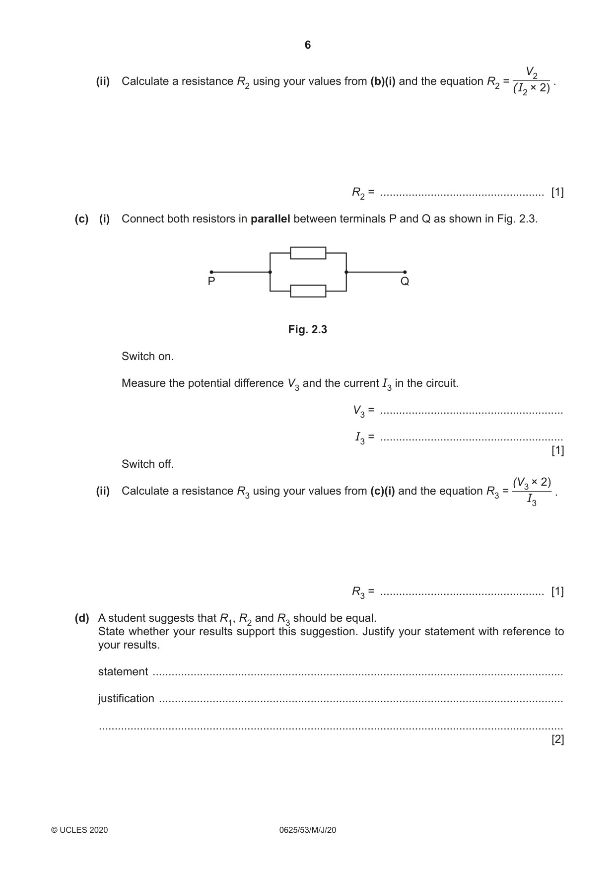 Cambridge IGCSE Physics 0625 2020 May/June Paper 5 · Variant 3 question paper, page 6 of 12