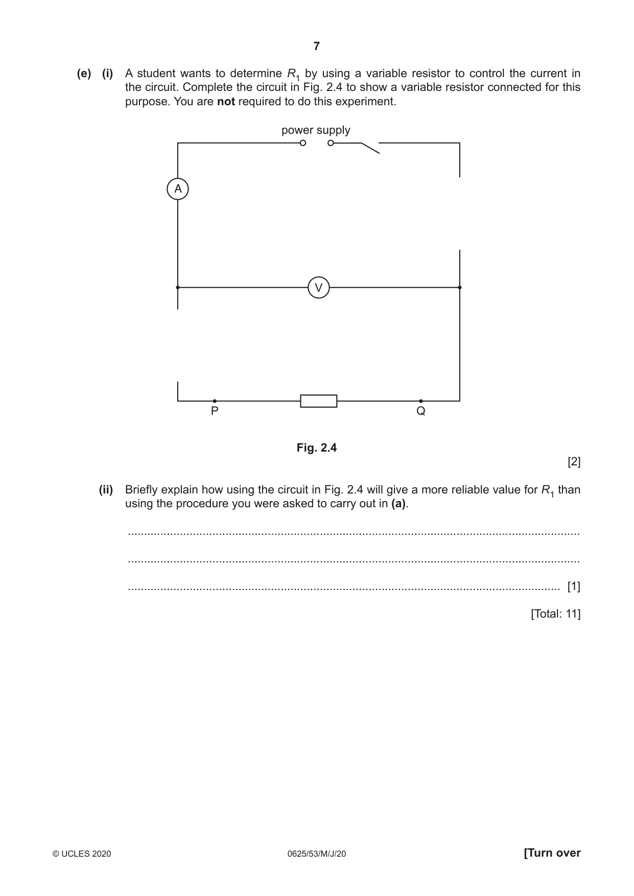 Cambridge IGCSE Physics 0625 2020 May/June Paper 5 · Variant 3 question paper, page 7 of 12