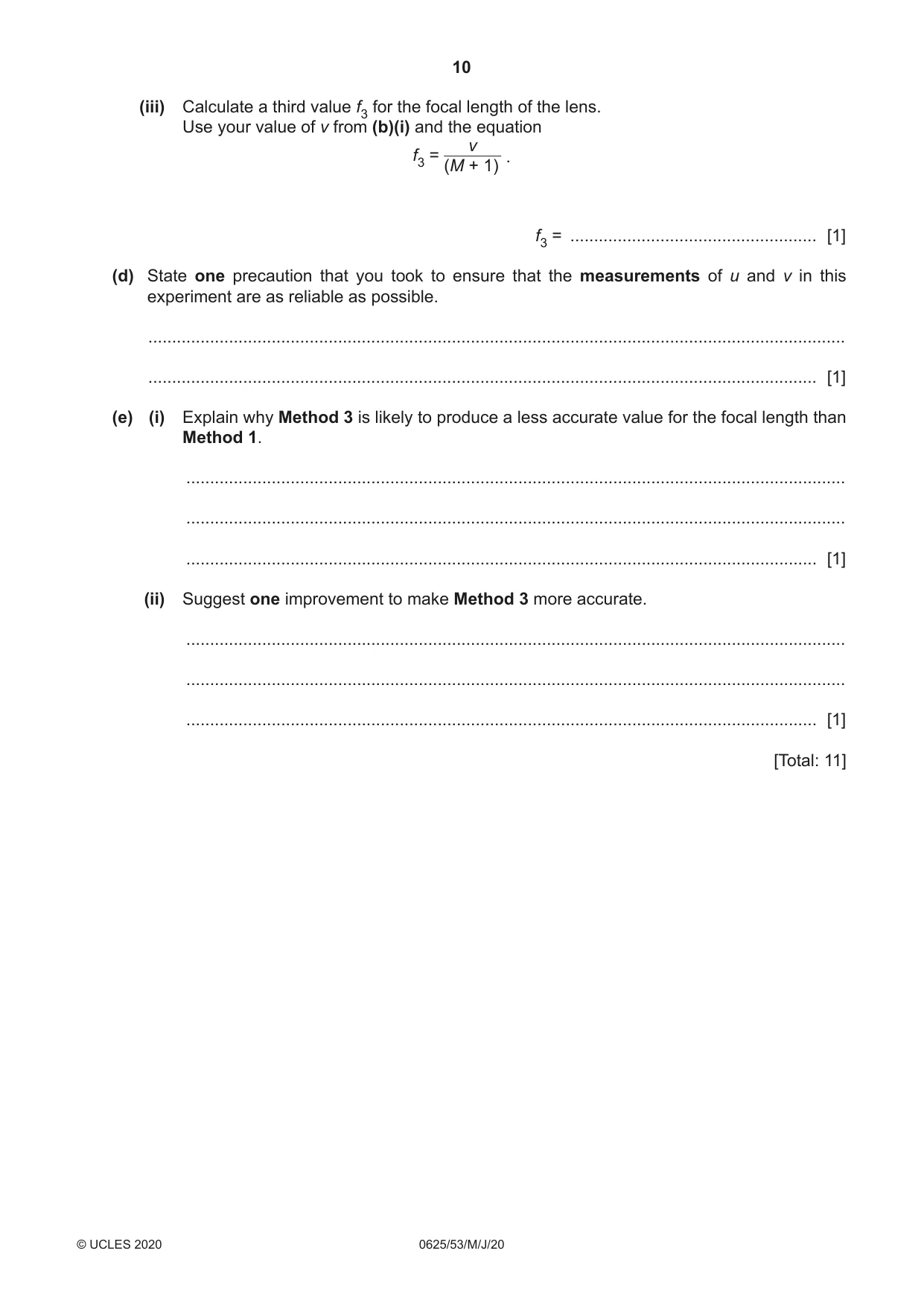 Cambridge IGCSE Physics 0625 2020 May/June Paper 5 · Variant 3 question paper, page 10 of 12