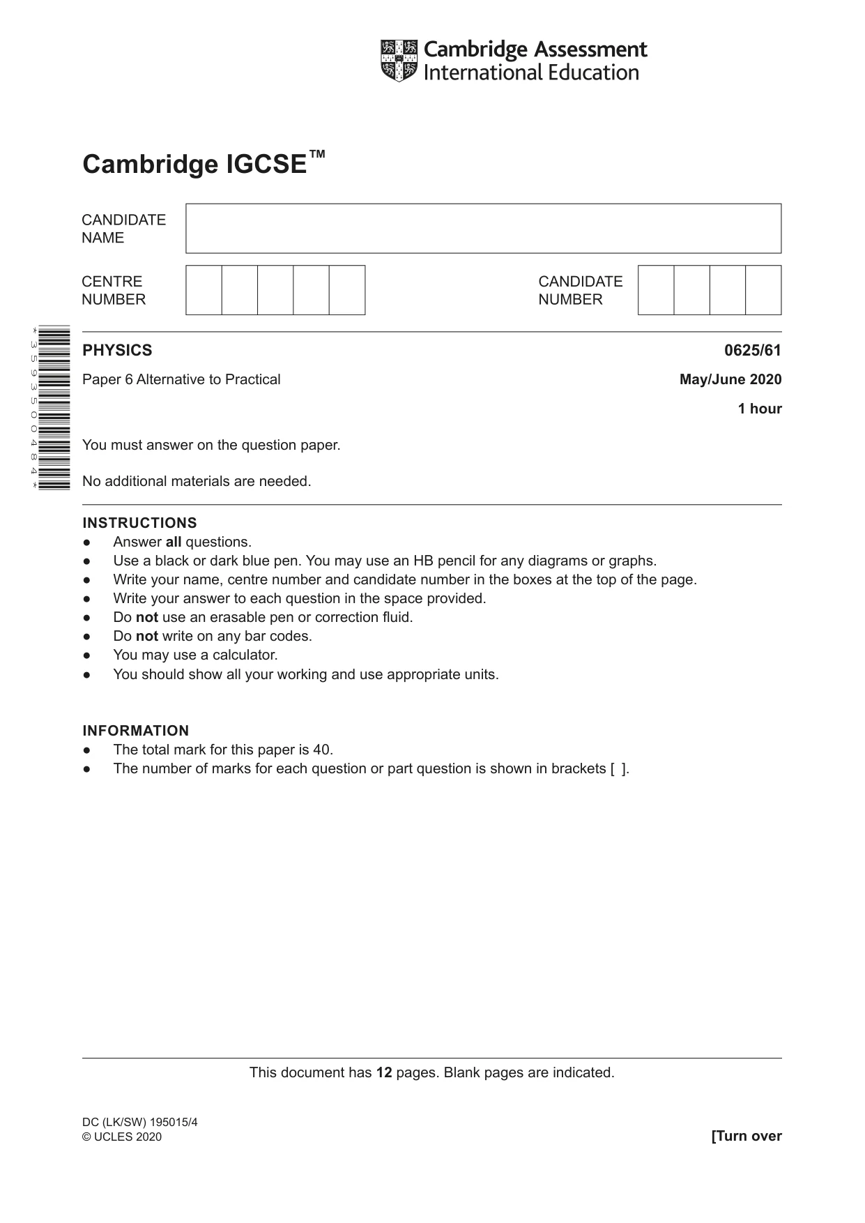 Cambridge IGCSE Physics 0625 2020 May/June Paper 6 · Variant 1 question paper, page 1 of 12