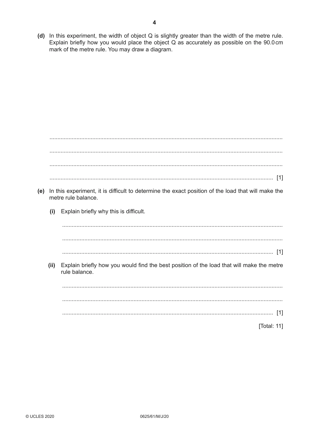 Cambridge IGCSE Physics 0625 2020 May/June Paper 6 · Variant 1 question paper, page 4 of 12