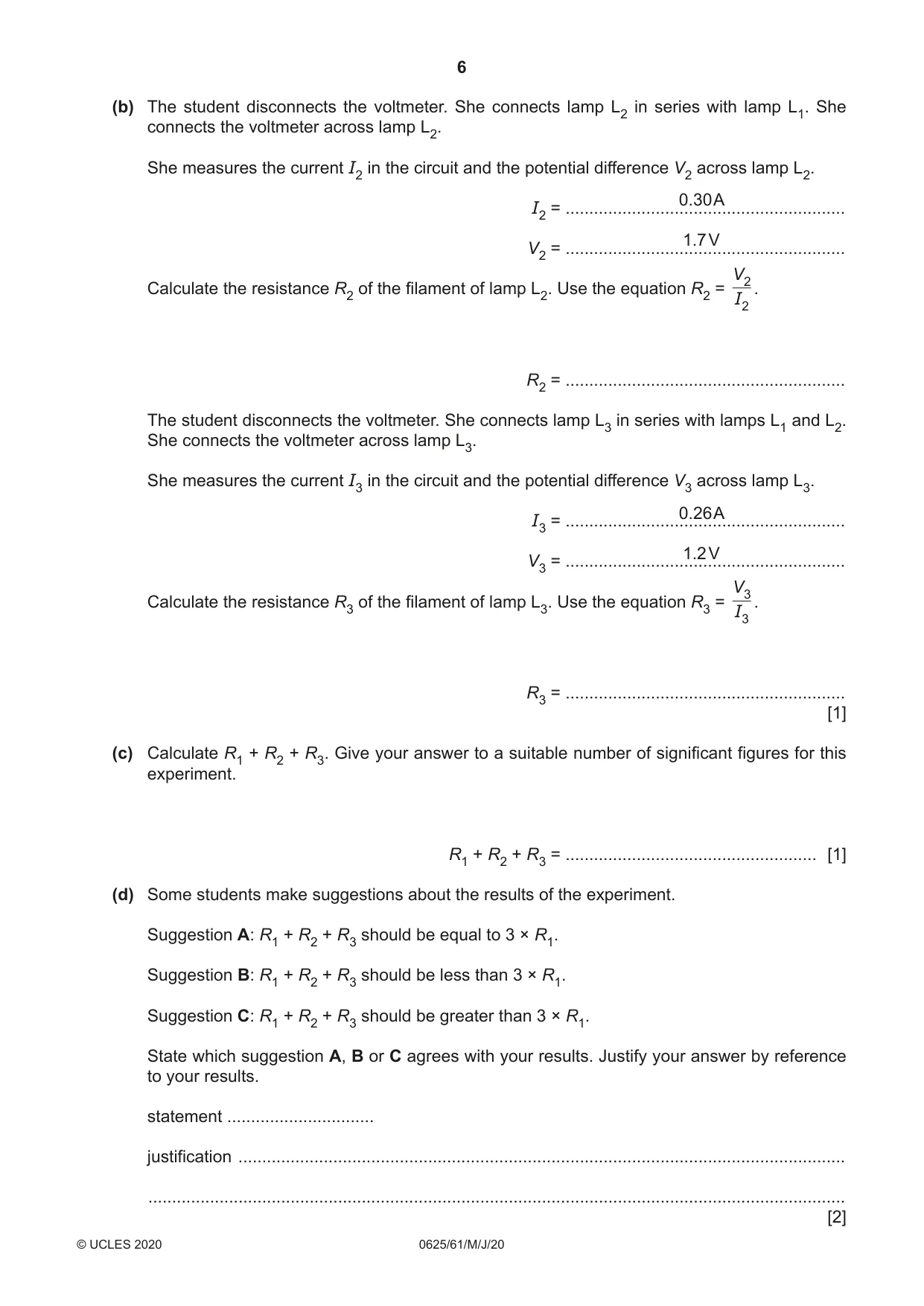 Cambridge IGCSE Physics 0625 2020 May/June Paper 6 · Variant 1 question paper, page 6 of 12