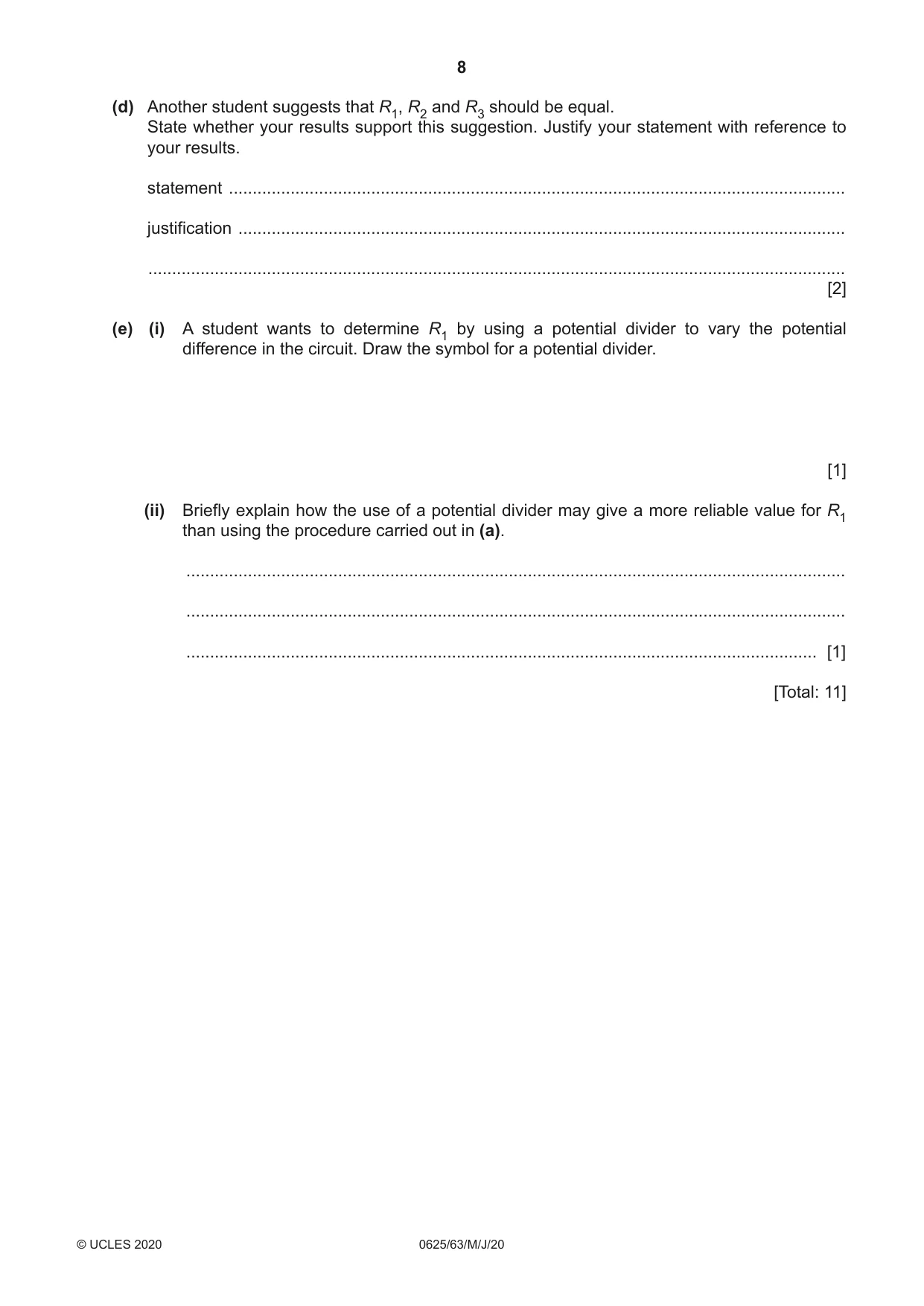 Cambridge IGCSE Physics 0625 2020 May/June Paper 6 · Variant 3 question paper, page 8 of 16