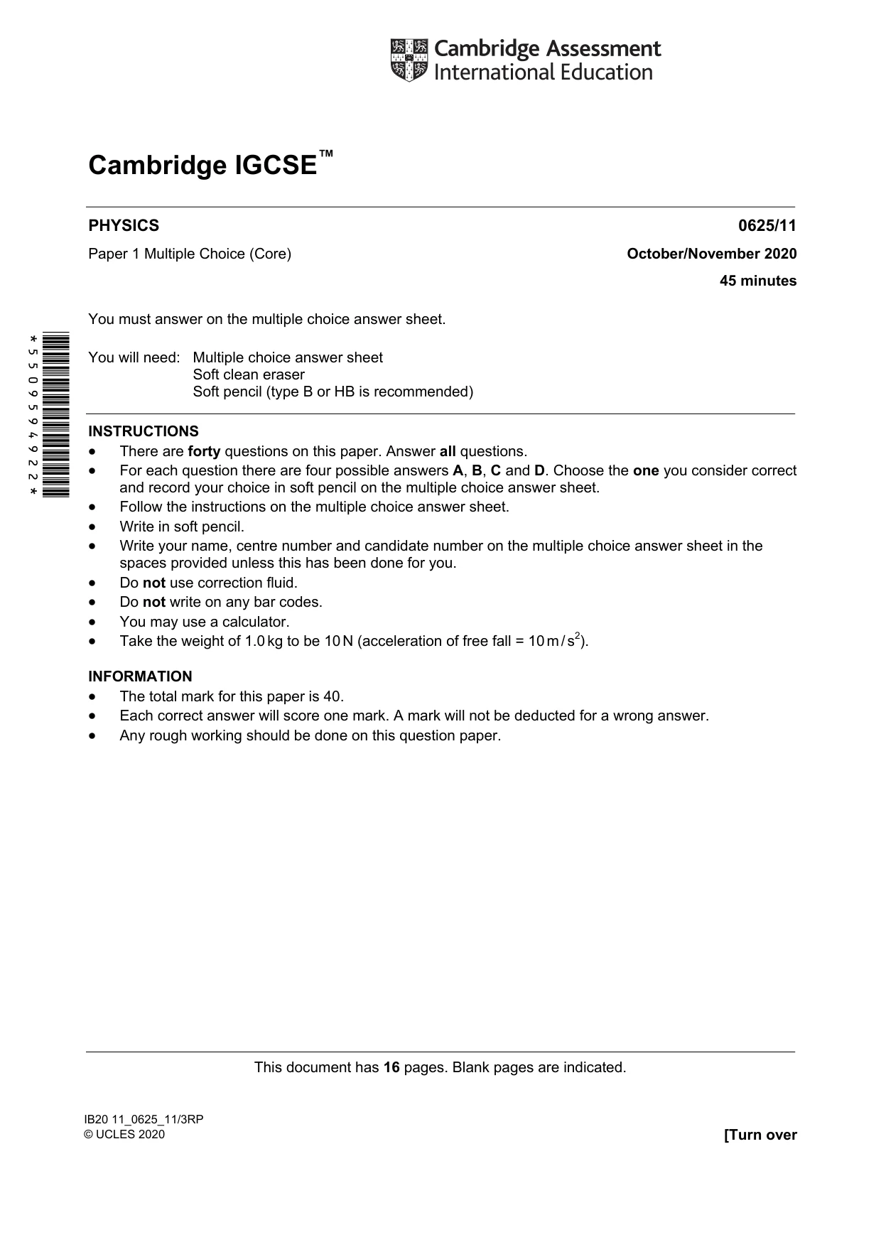 Cambridge IGCSE Physics 0625 2020 Oct/Nov Paper 1 · Variant 1 question paper, page 1 of 16