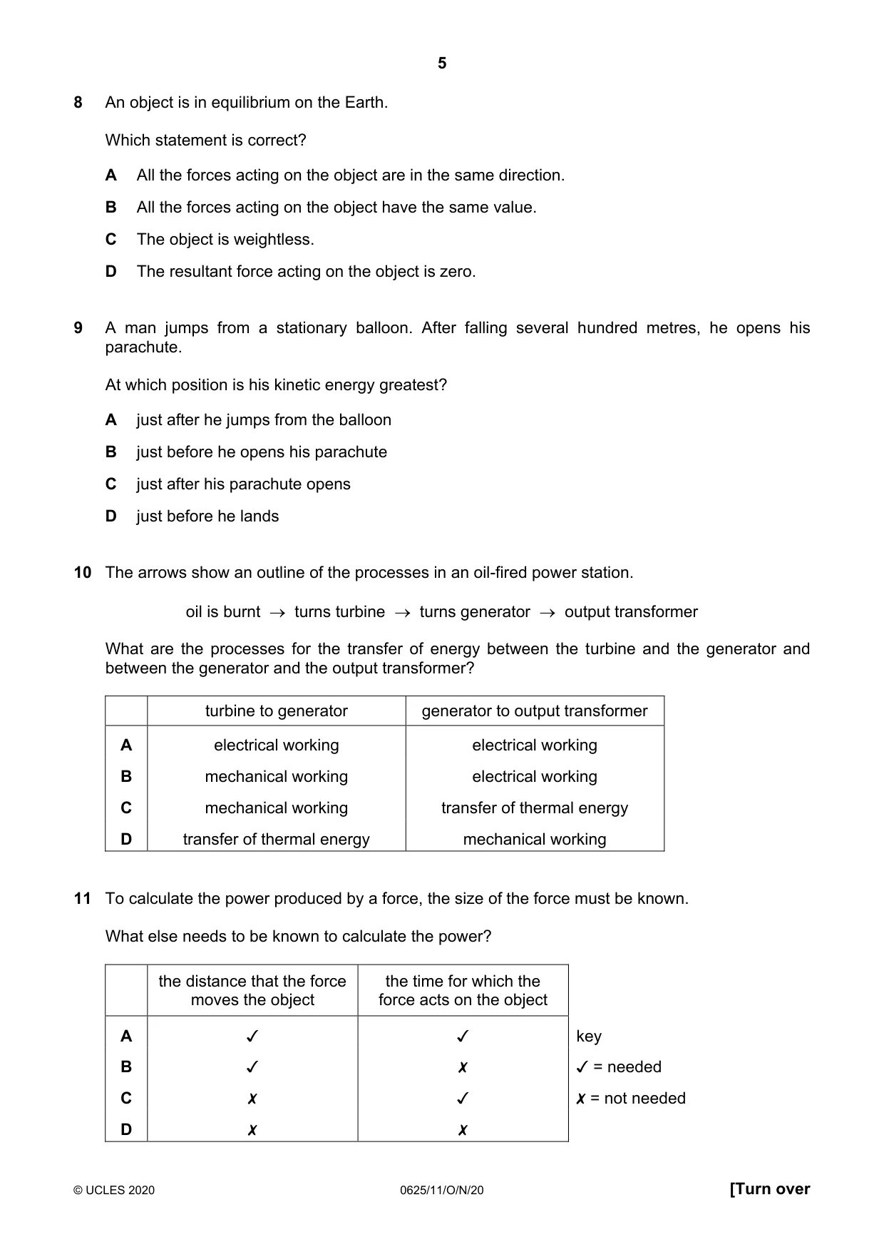 Cambridge IGCSE Physics 0625 2020 Oct/Nov Paper 1 · Variant 1 question paper, page 5 of 16