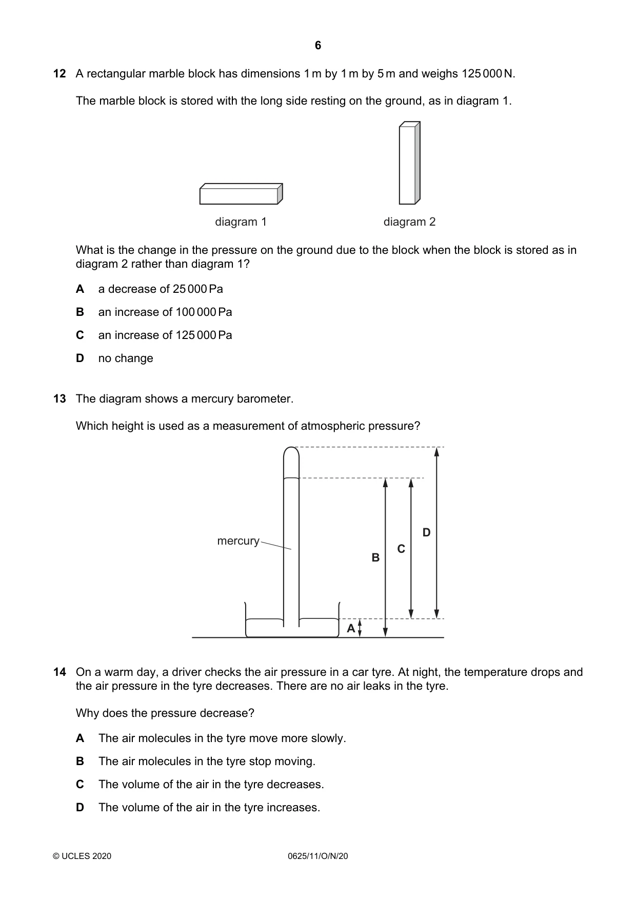 Cambridge IGCSE Physics 0625 2020 Oct/Nov Paper 1 · Variant 1 question paper, page 6 of 16