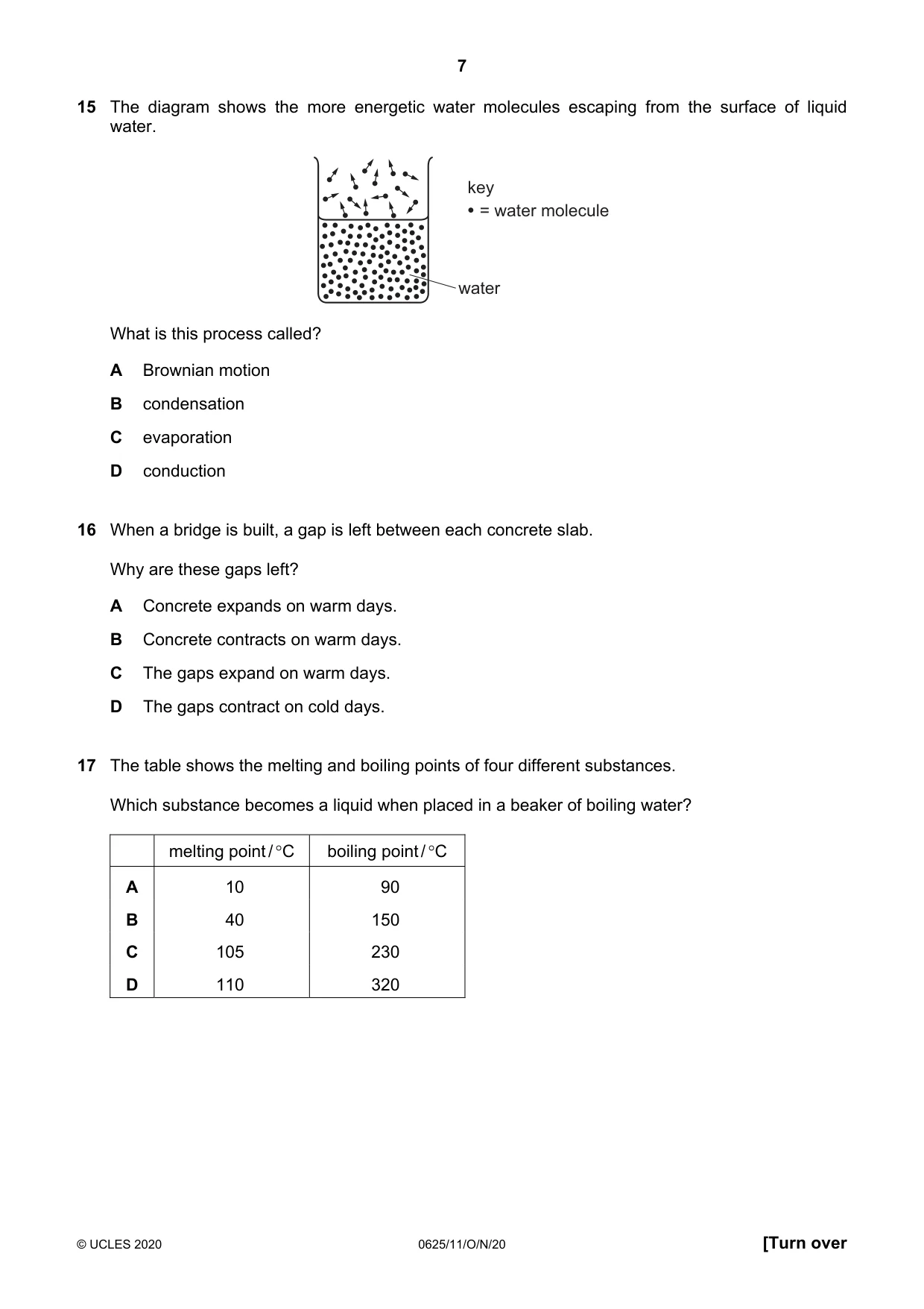 Cambridge IGCSE Physics 0625 2020 Oct/Nov Paper 1 · Variant 1 question paper, page 7 of 16