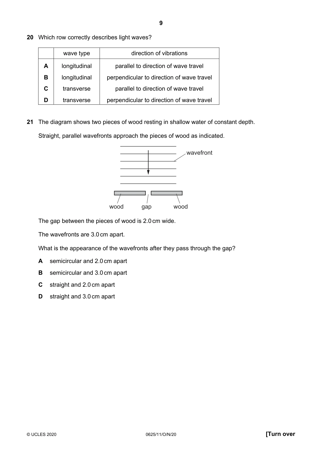 Cambridge IGCSE Physics 0625 2020 Oct/Nov Paper 1 · Variant 1 question paper, page 9 of 16