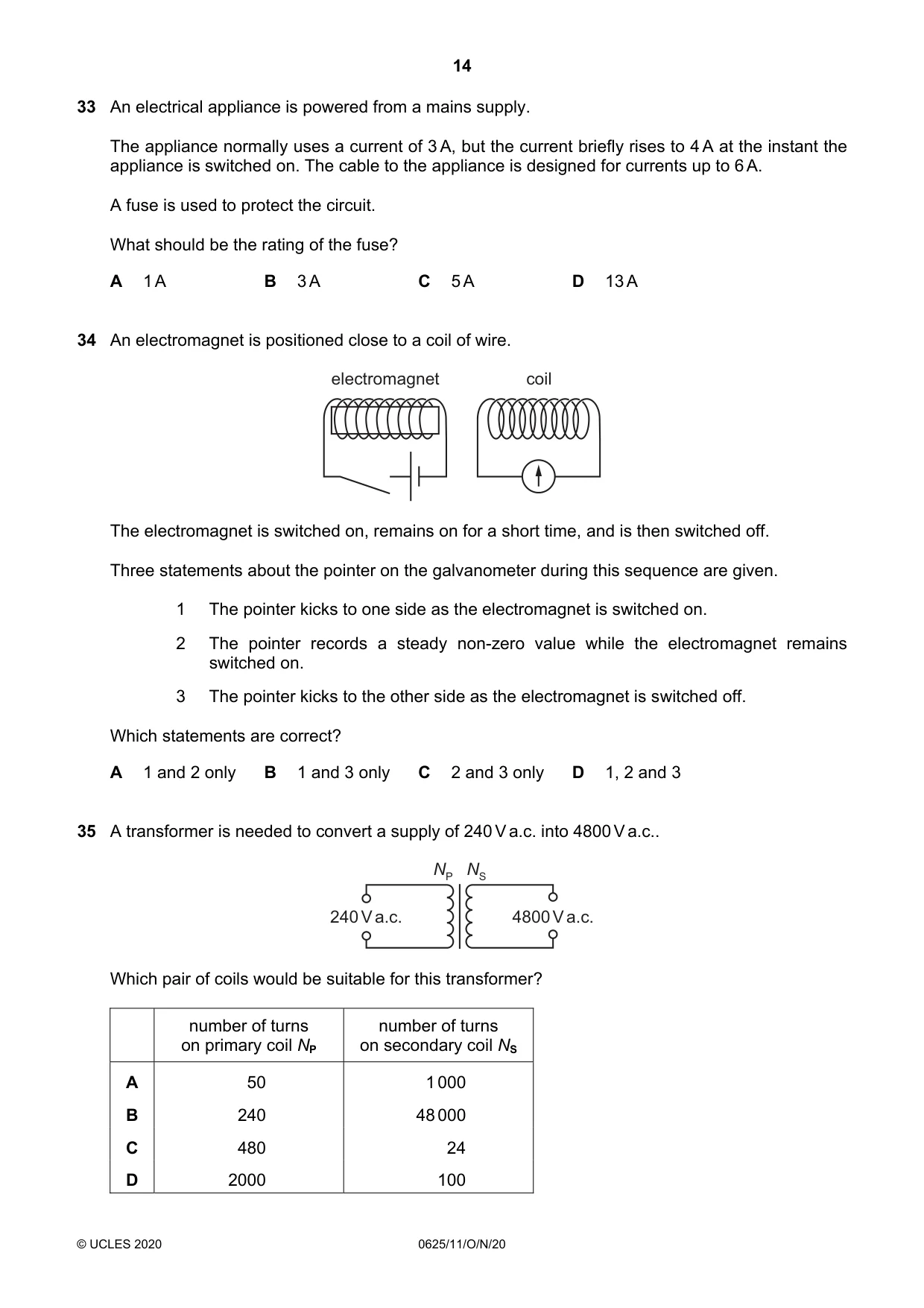 Cambridge IGCSE Physics 0625 2020 Oct/Nov Paper 1 · Variant 1 question paper, page 14 of 16