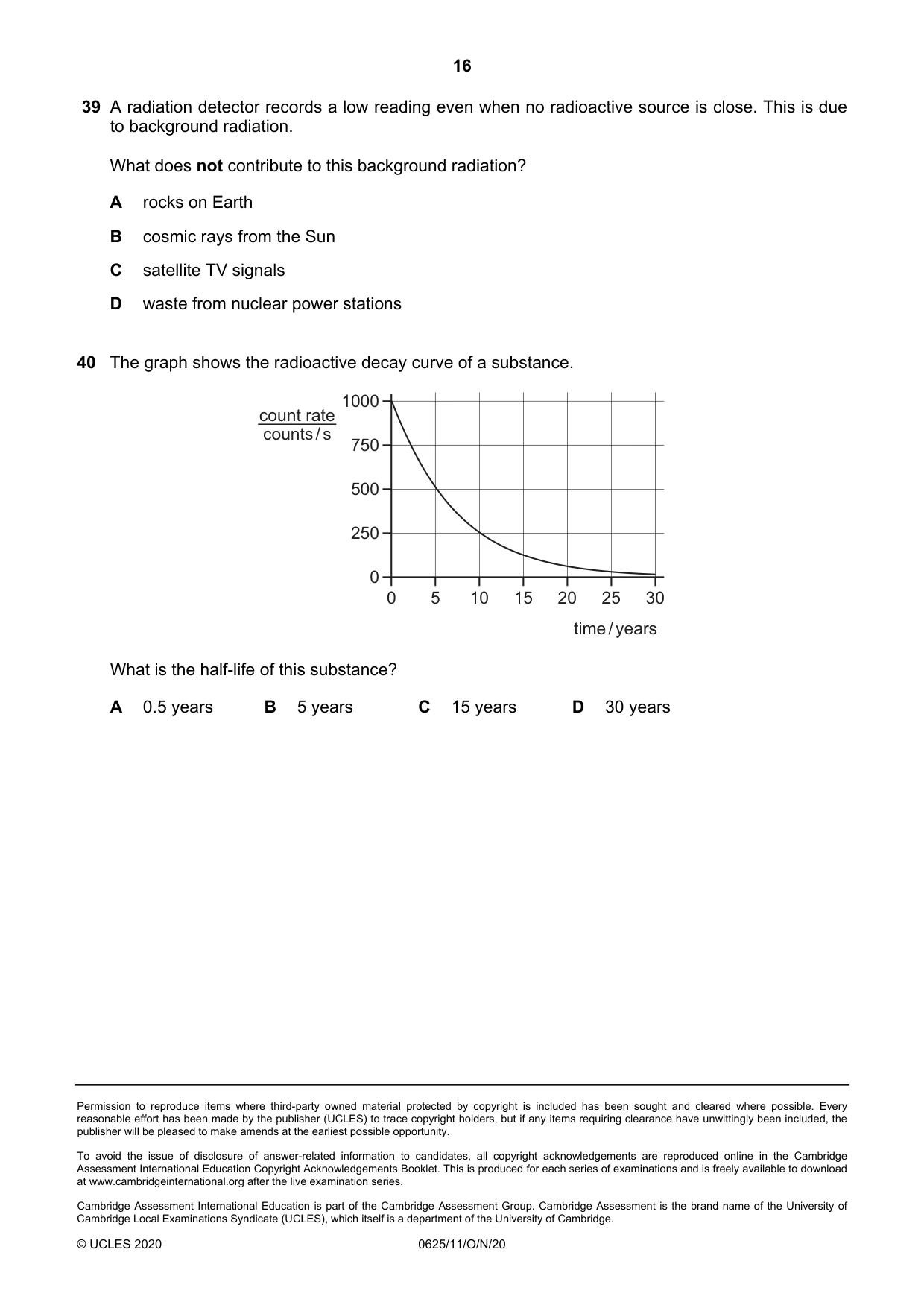 Cambridge IGCSE Physics 0625 2020 Oct/Nov Paper 1 · Variant 1 question paper, page 16 of 16