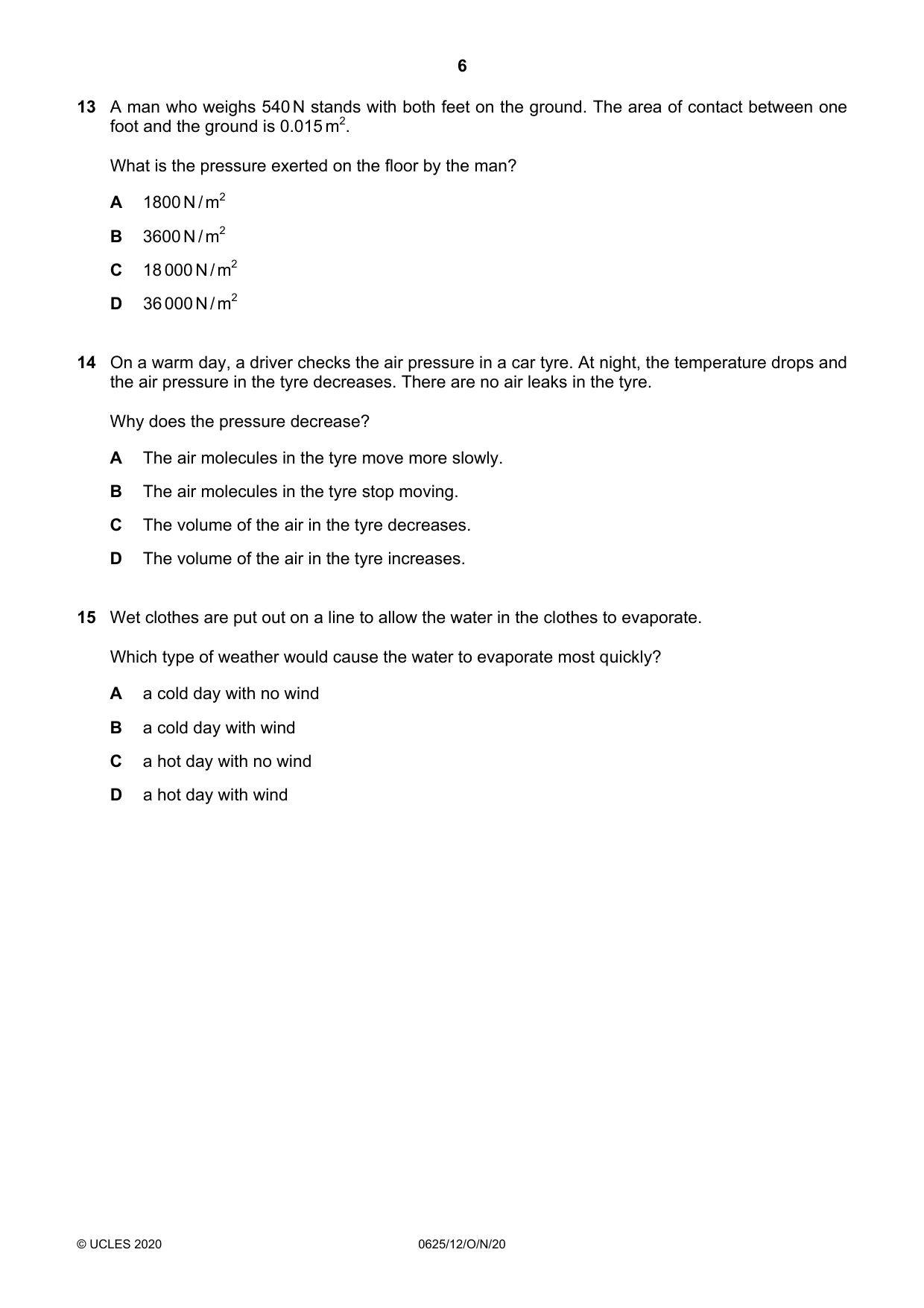 Cambridge IGCSE Physics 0625 2020 Oct/Nov Paper 1 · Variant 2 question paper, page 6 of 16