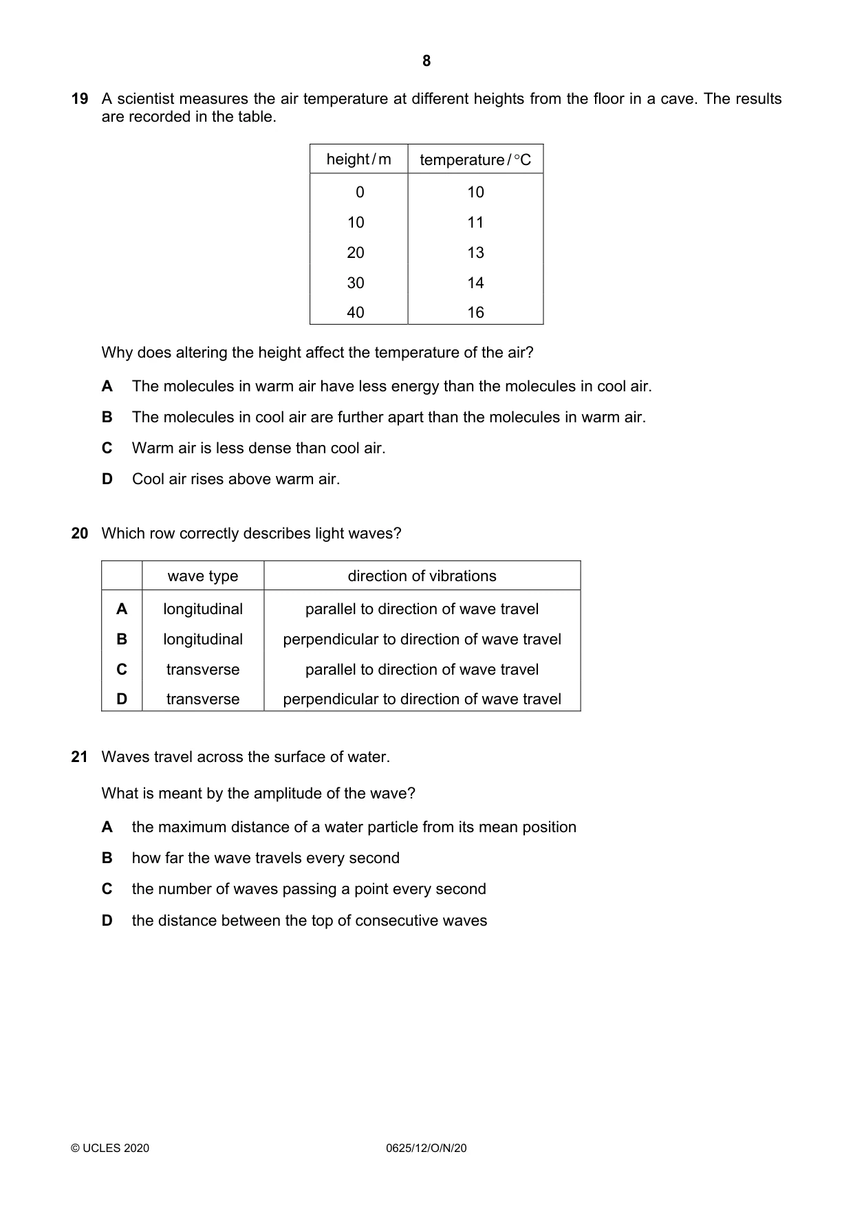 Cambridge IGCSE Physics 0625 2020 Oct/Nov Paper 1 · Variant 2 question paper, page 8 of 16