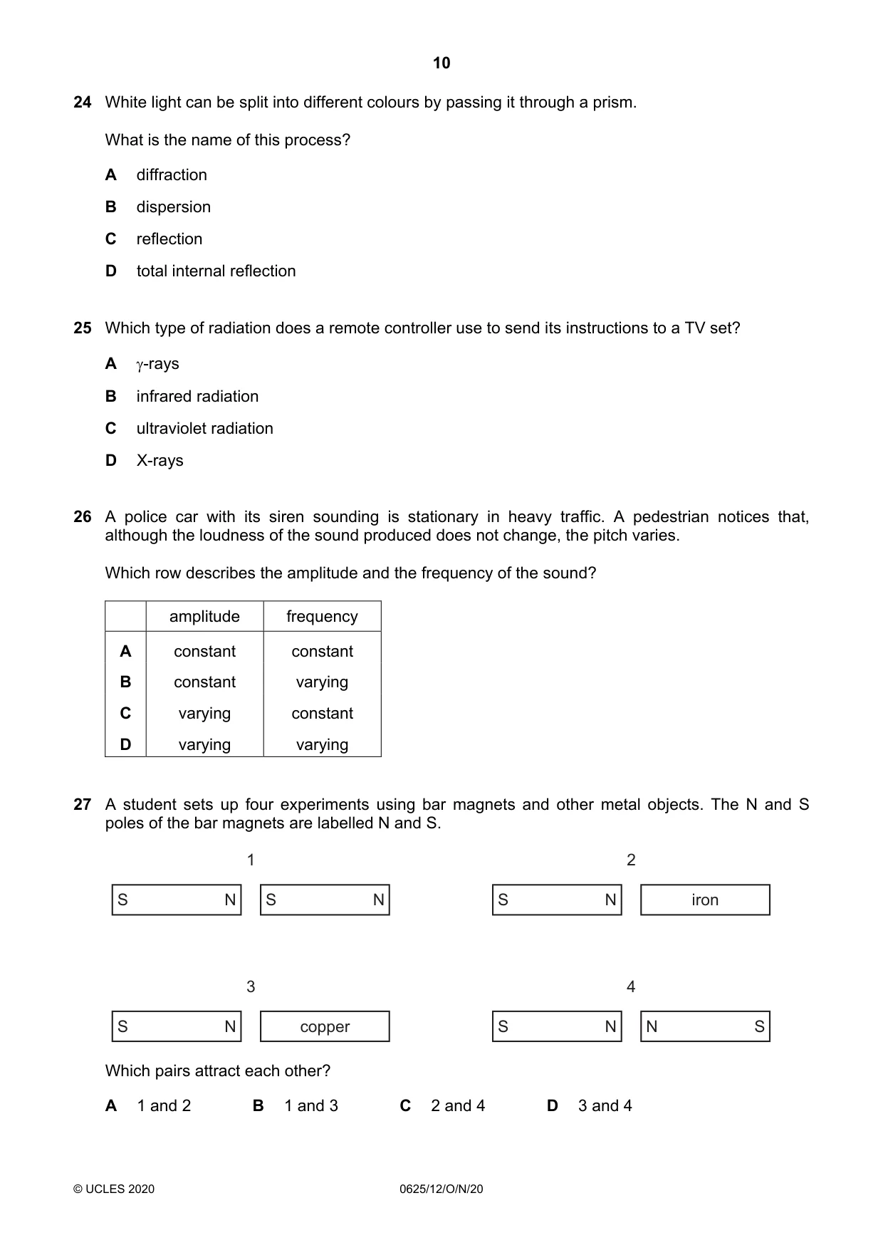Cambridge IGCSE Physics 0625 2020 Oct/Nov Paper 1 · Variant 2 question paper, page 10 of 16