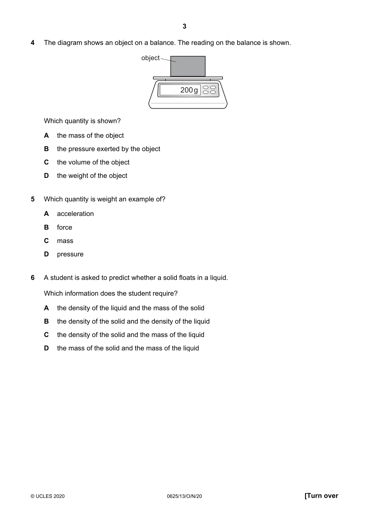 Cambridge IGCSE Physics 0625 2020 Oct/Nov Paper 1 · Variant 3 question paper, page 3 of 16