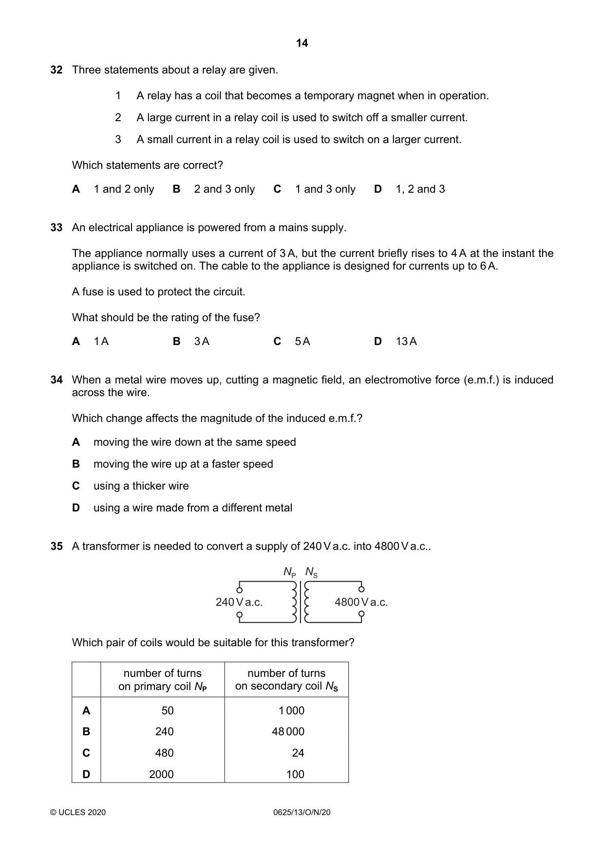 Cambridge IGCSE Physics 0625 2020 Oct/Nov Paper 1 · Variant 3 question paper, page 14 of 16