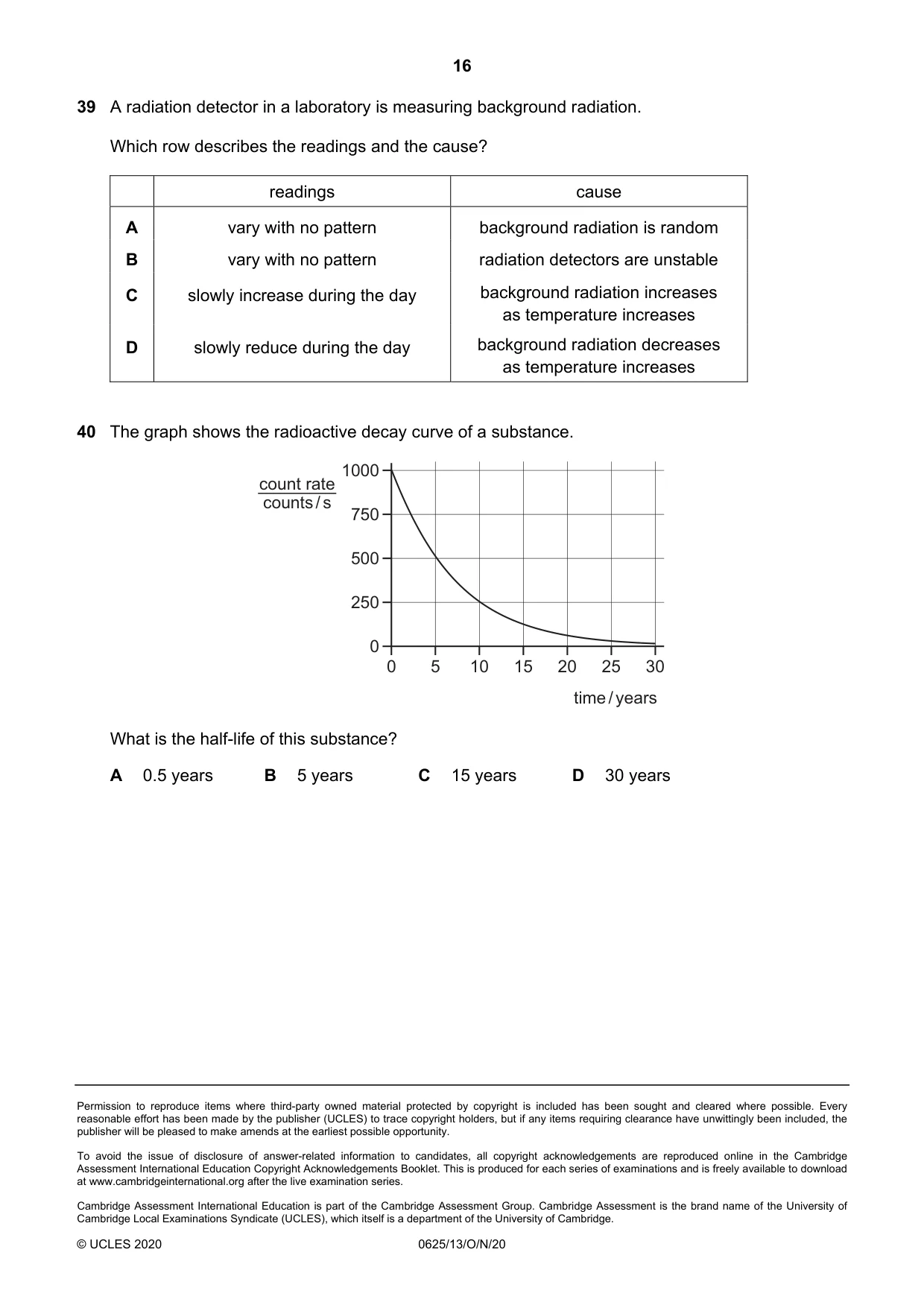 Cambridge IGCSE Physics 0625 2020 Oct/Nov Paper 1 · Variant 3 question paper, page 16 of 16