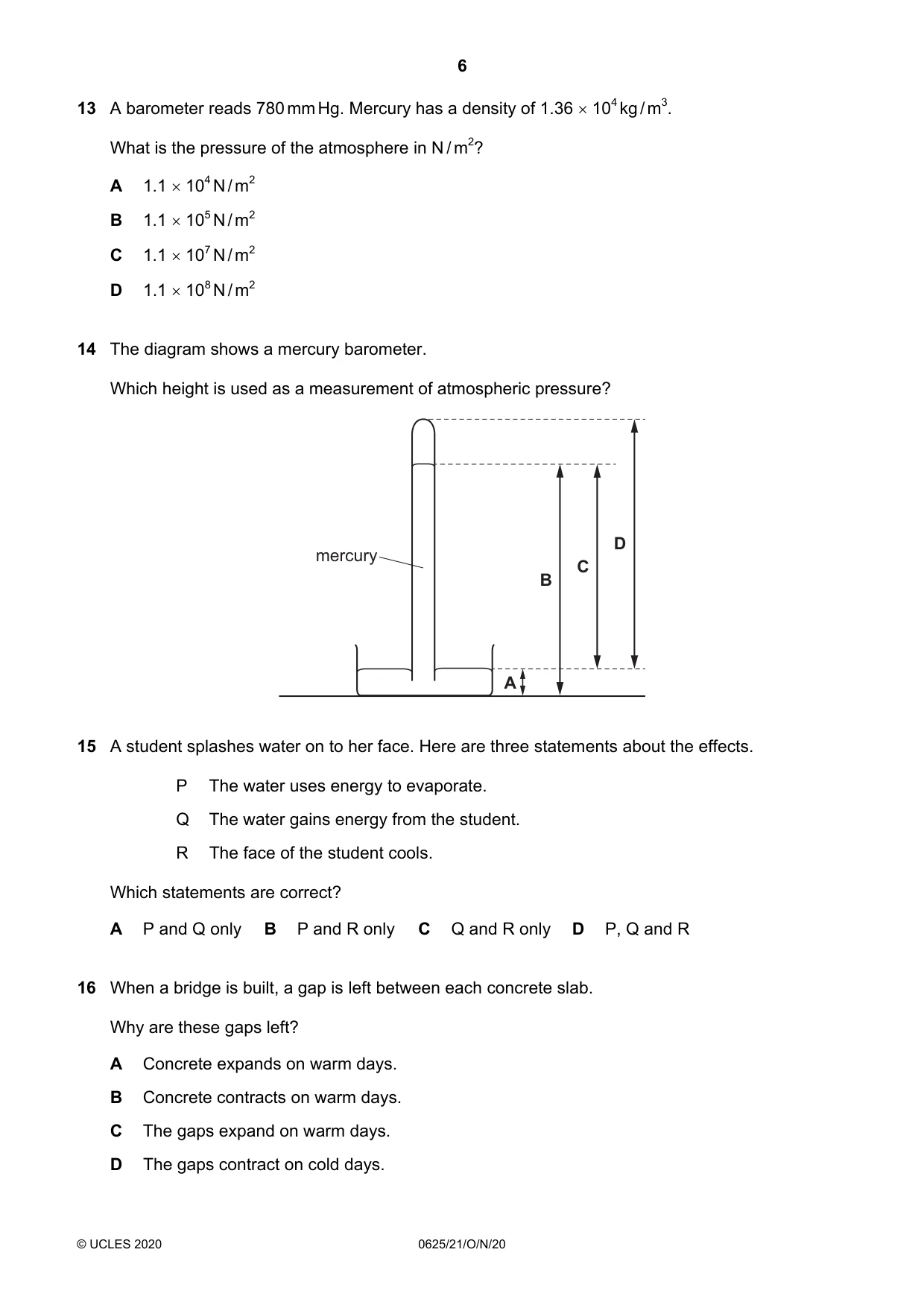 Cambridge IGCSE Physics 0625 2020 Oct/Nov Paper 2 · Variant 1 question paper, page 6 of 16