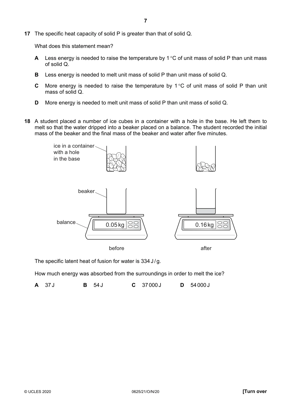 Cambridge IGCSE Physics 0625 2020 Oct/Nov Paper 2 · Variant 1 question paper, page 7 of 16