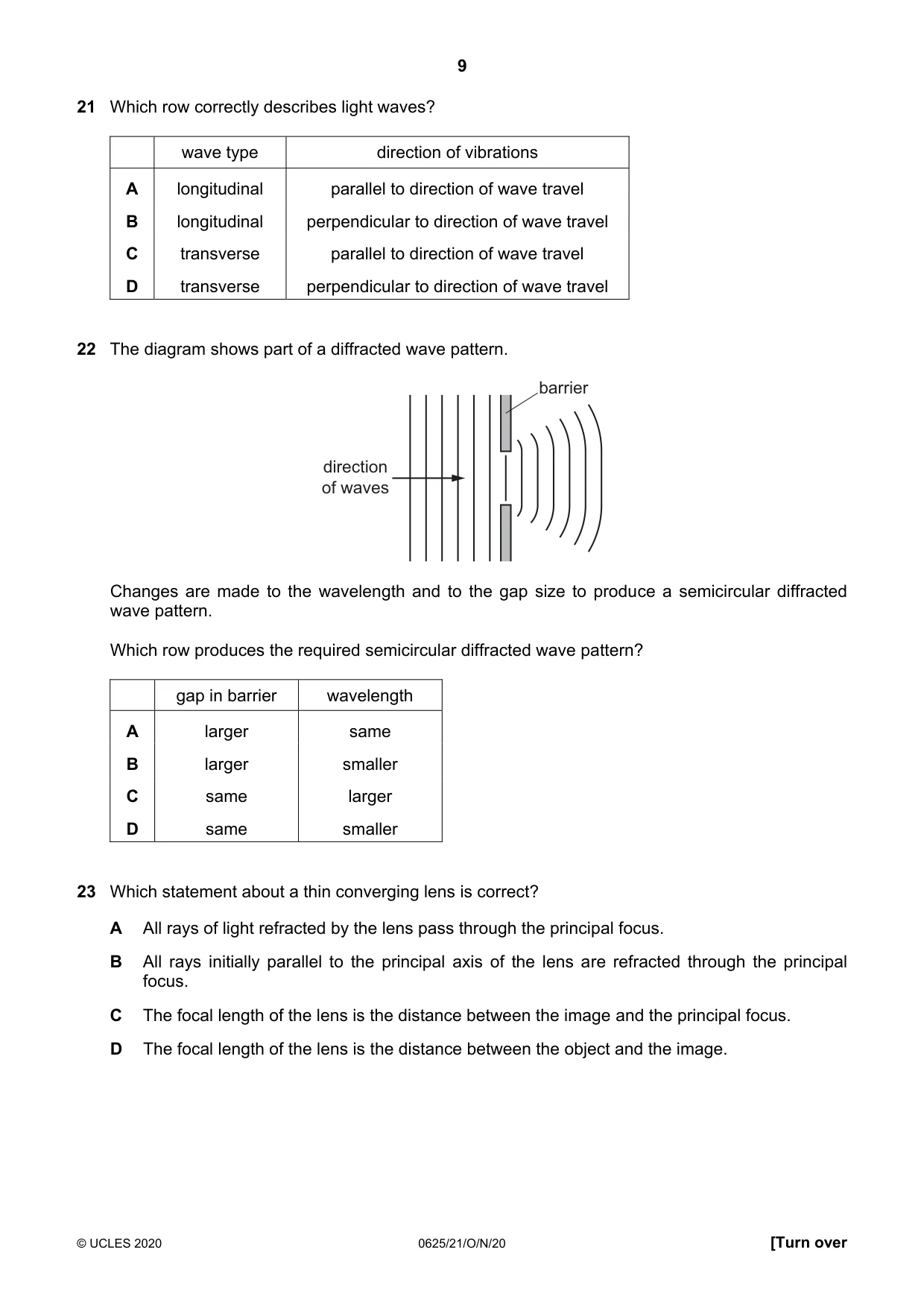 Cambridge IGCSE Physics 0625 2020 Oct/Nov Paper 2 · Variant 1 question paper, page 9 of 16
