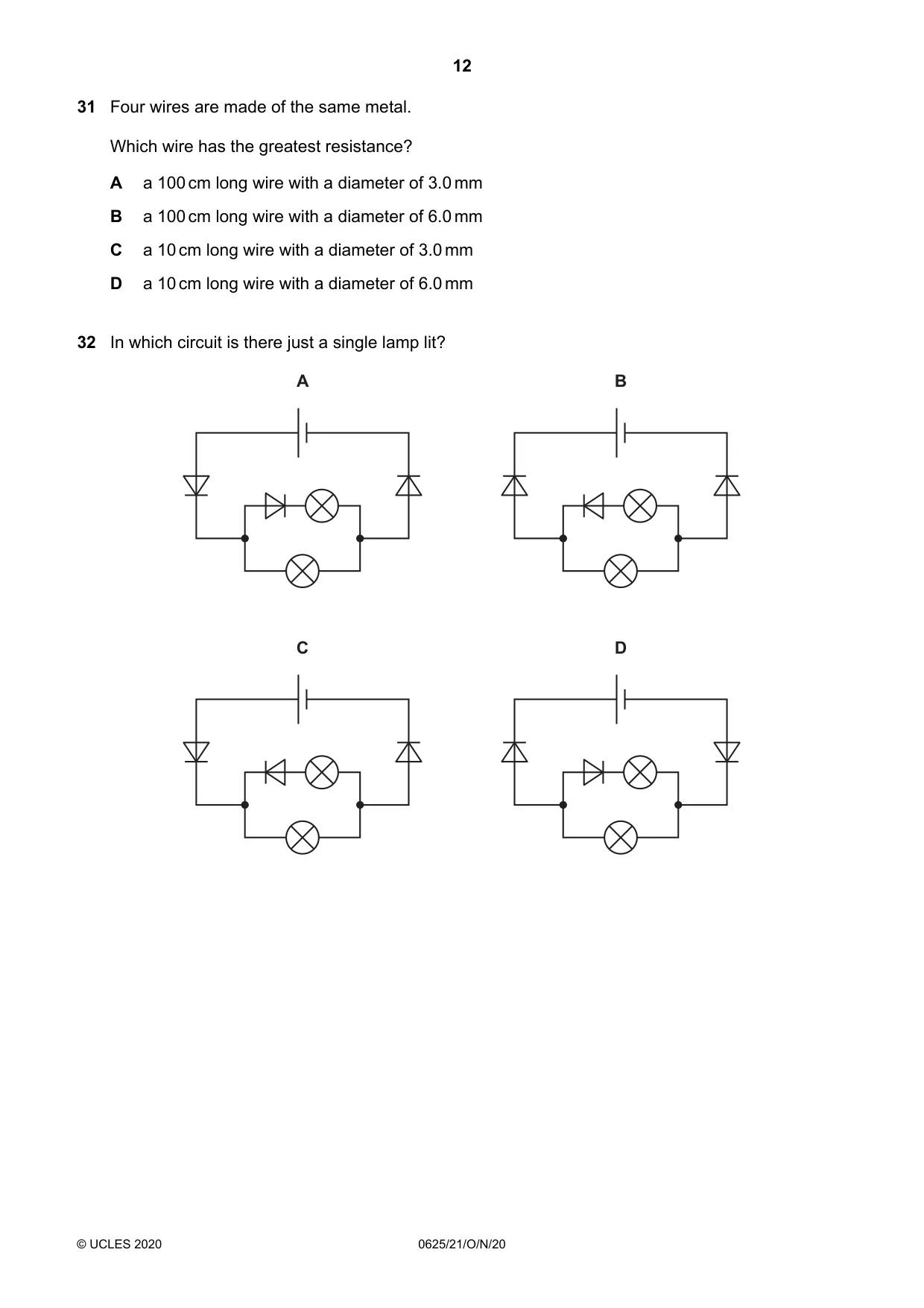 Cambridge IGCSE Physics 0625 2020 Oct/Nov Paper 2 · Variant 1 question paper, page 12 of 16