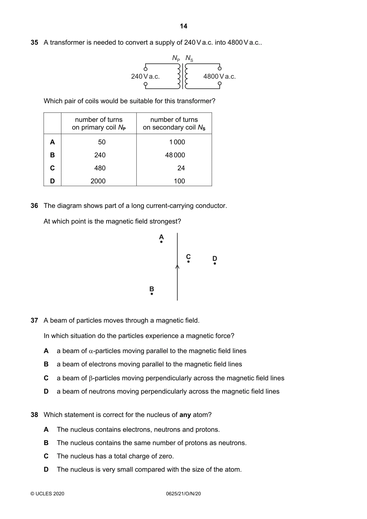 Cambridge IGCSE Physics 0625 2020 Oct/Nov Paper 2 · Variant 1 question paper, page 14 of 16