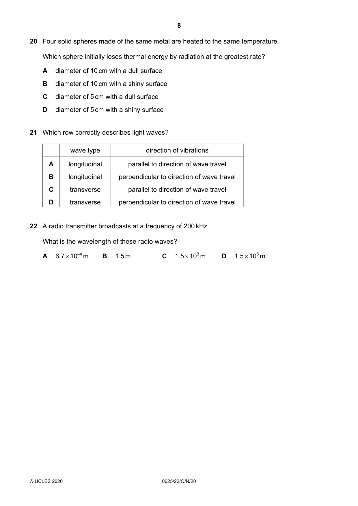 Cambridge IGCSE Physics 0625 2020 Oct/Nov Paper 2 · Variant 2 question paper, page 8 of 16