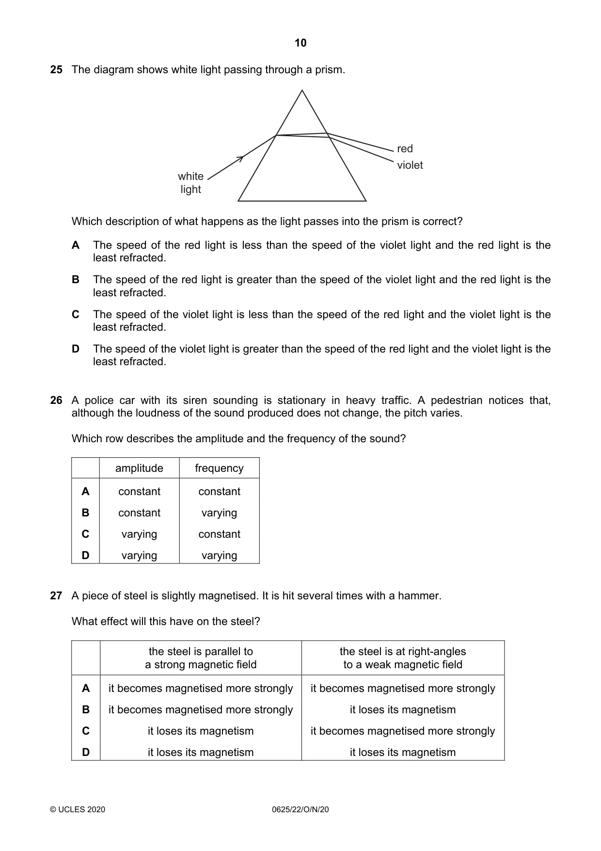 Cambridge IGCSE Physics 0625 2020 Oct/Nov Paper 2 · Variant 2 question paper, page 10 of 16