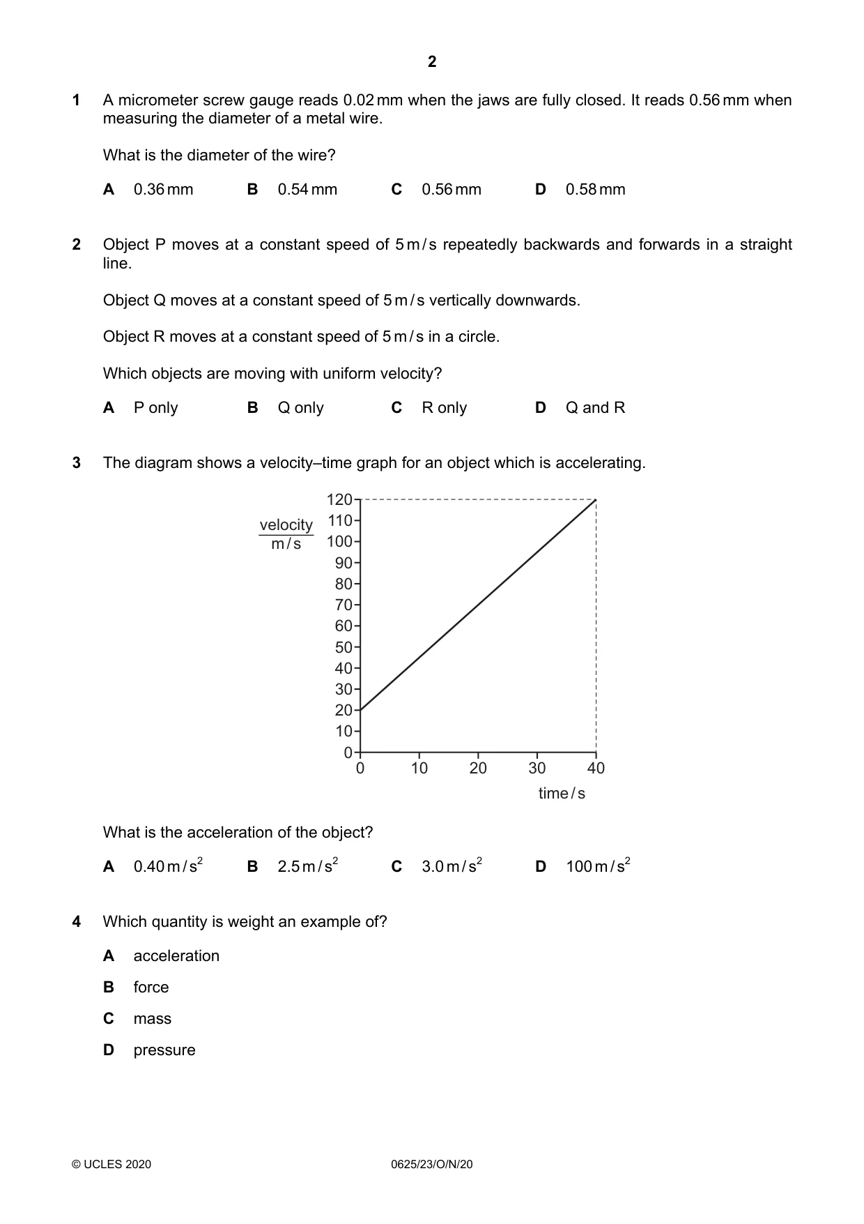 Cambridge IGCSE Physics 0625 2020 Oct/Nov Paper 2 · Variant 3 question paper, page 2 of 16