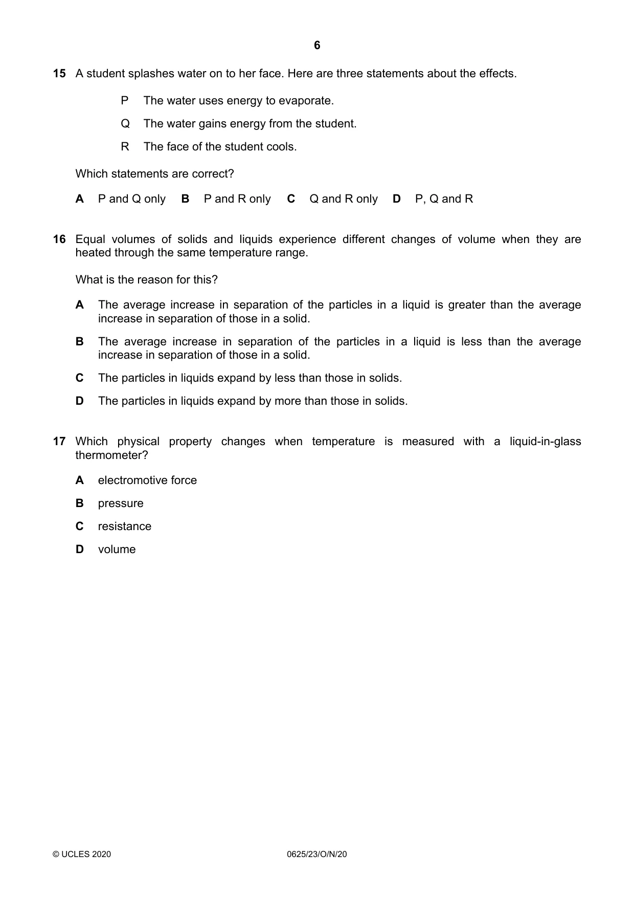 Cambridge IGCSE Physics 0625 2020 Oct/Nov Paper 2 · Variant 3 question paper, page 6 of 16