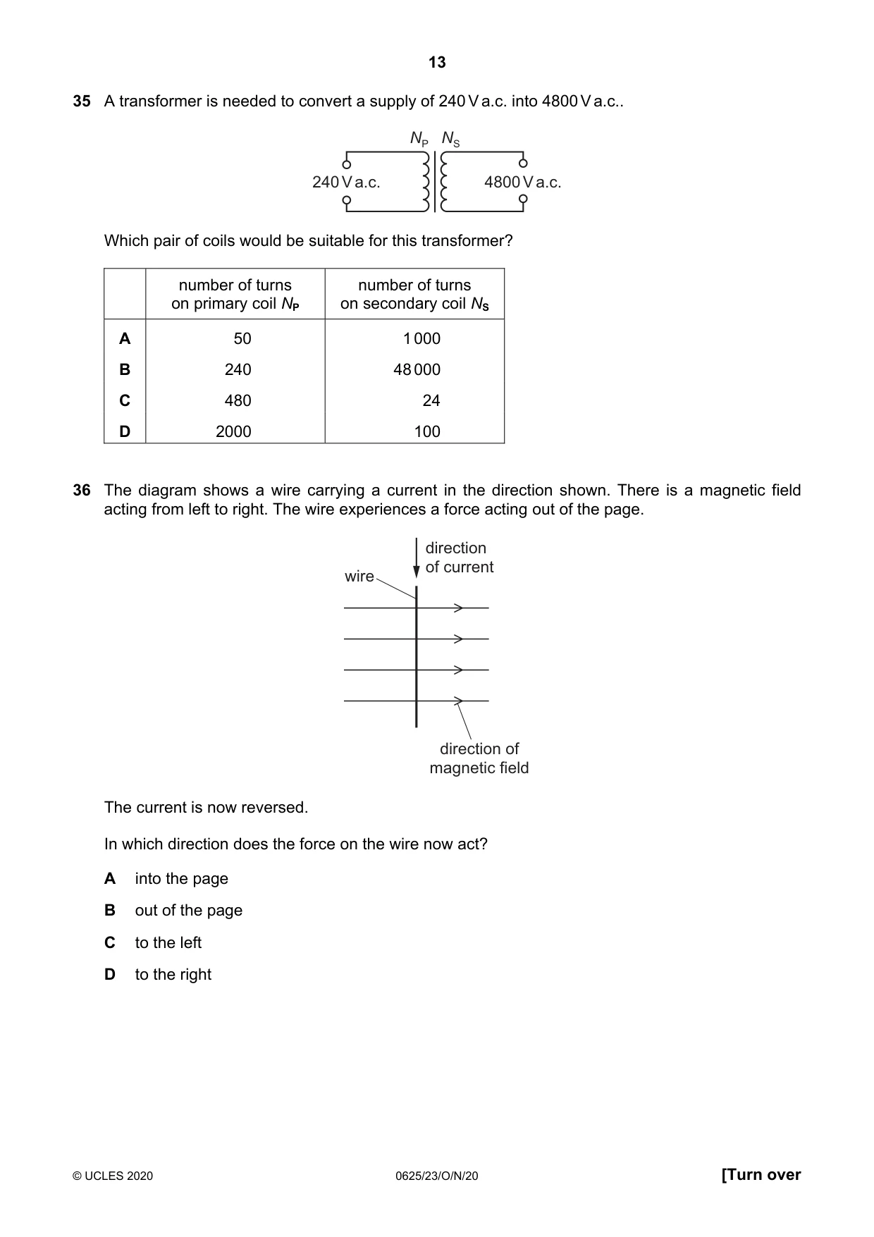 Cambridge IGCSE Physics 0625 2020 Oct/Nov Paper 2 · Variant 3 question paper, page 13 of 16