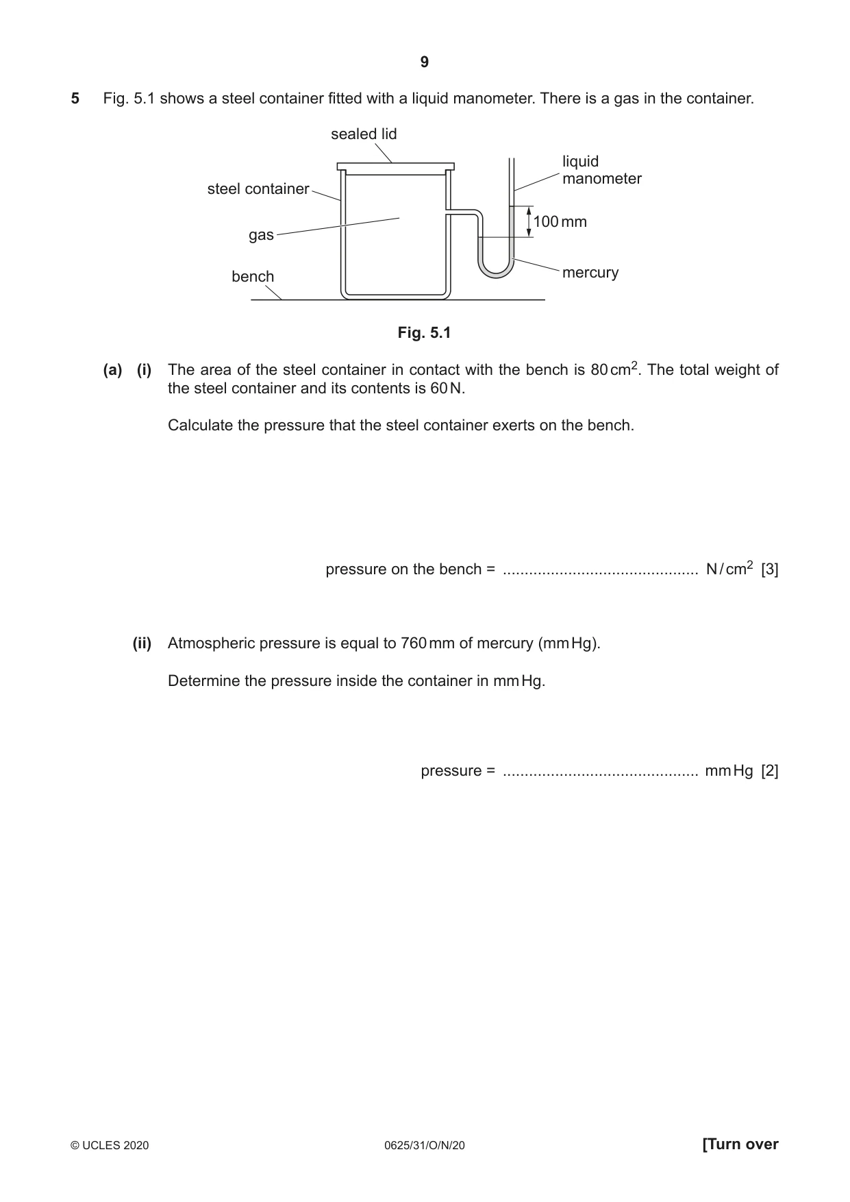 Cambridge IGCSE Physics 0625 2020 Oct/Nov Paper 3 · Variant 1 question paper, page 9 of 20