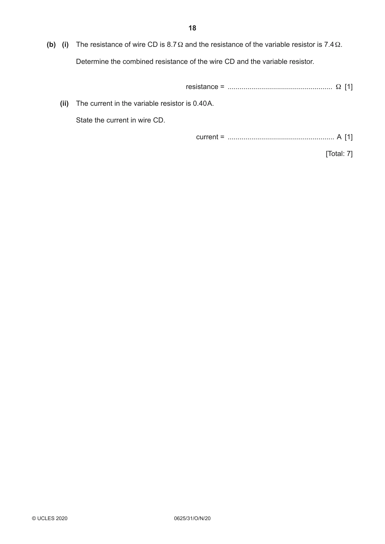 Cambridge IGCSE Physics 0625 2020 Oct/Nov Paper 3 · Variant 1 question paper, page 18 of 20