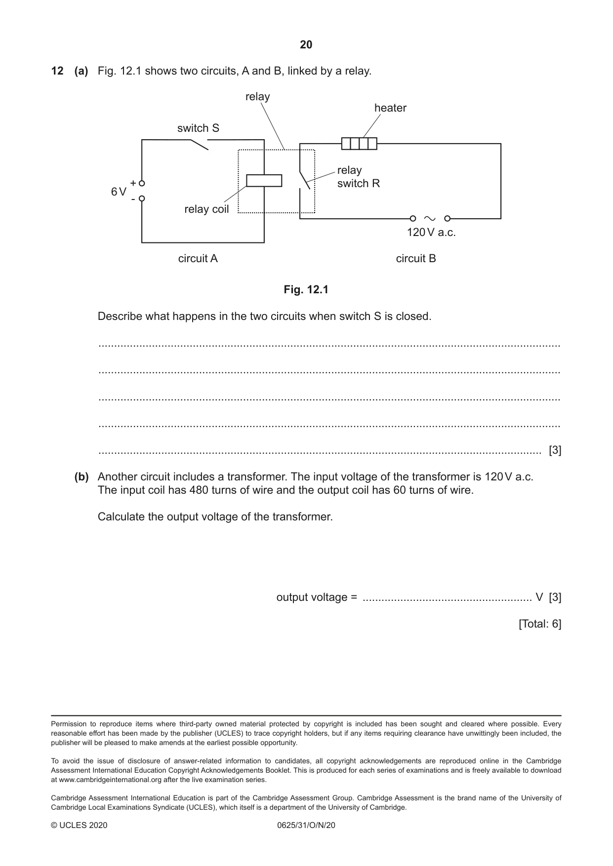 Cambridge IGCSE Physics 0625 2020 Oct/Nov Paper 3 · Variant 1 question paper, page 20 of 20