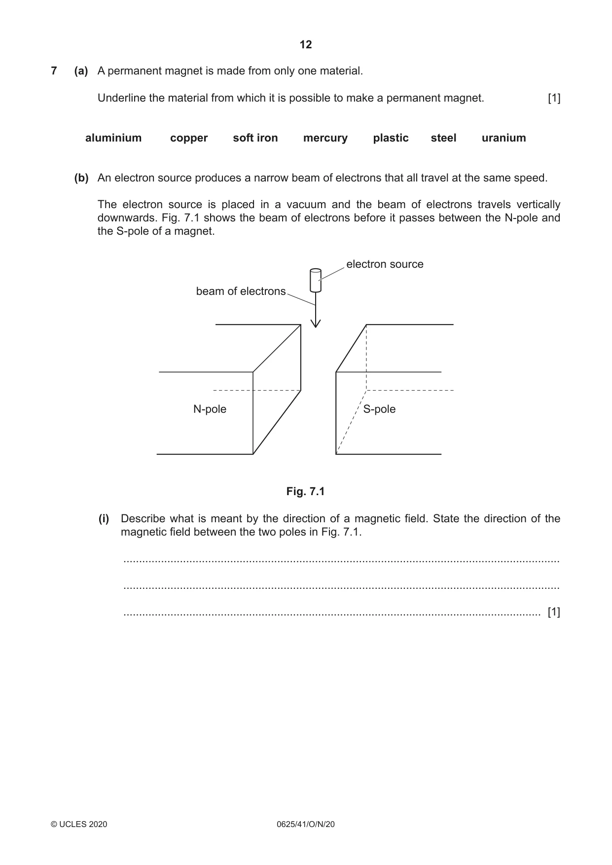 Cambridge IGCSE Physics 0625 2020 Oct/Nov Paper 4 · Variant 1 question paper, page 12 of 20