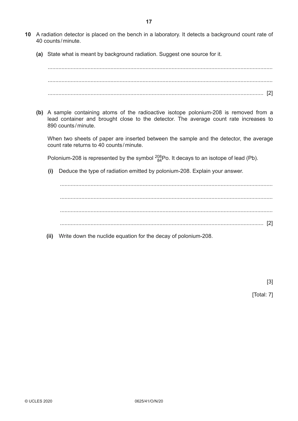 Cambridge IGCSE Physics 0625 2020 Oct/Nov Paper 4 · Variant 1 question paper, page 17 of 20