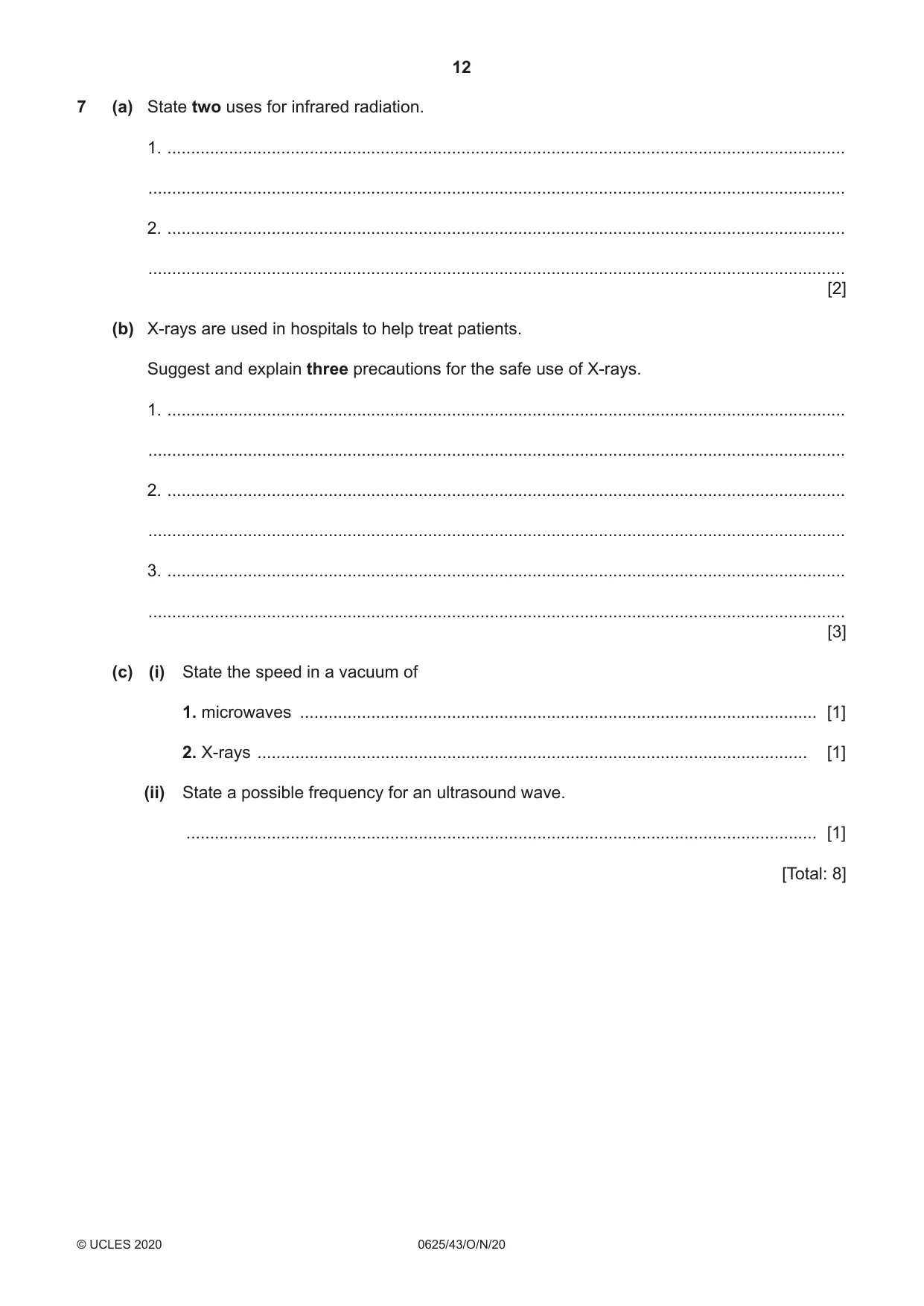 Cambridge IGCSE Physics 0625 2020 Oct/Nov Paper 4 · Variant 3 question paper, page 12 of 20