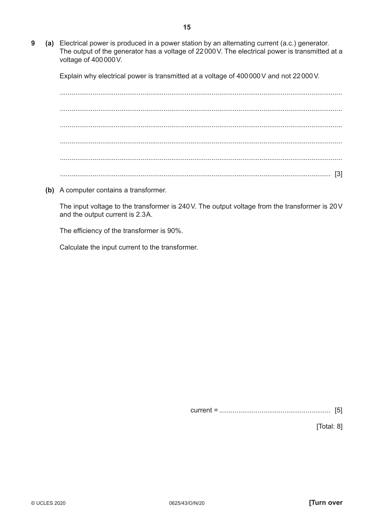 Cambridge IGCSE Physics 0625 2020 Oct/Nov Paper 4 · Variant 3 question paper, page 15 of 20