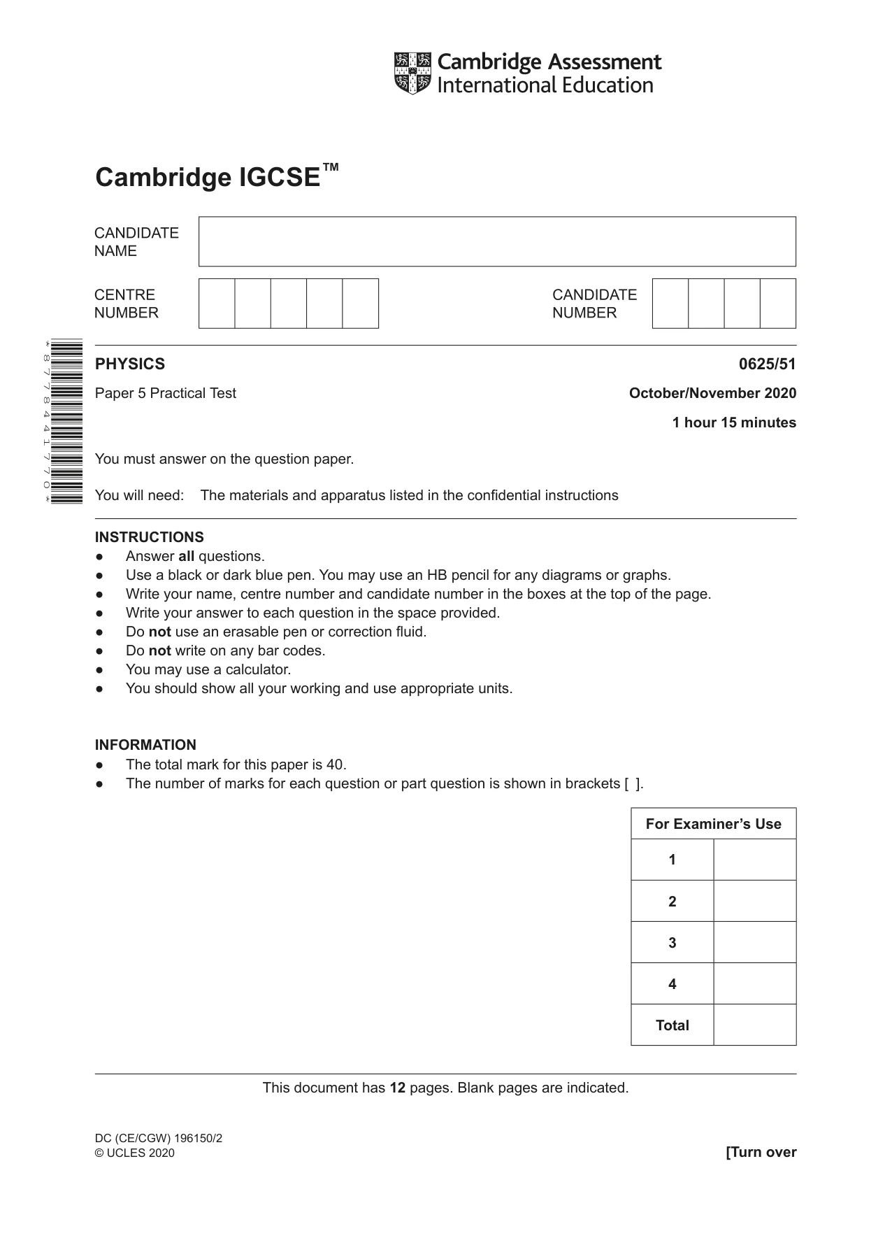 Cambridge IGCSE Physics 0625 2020 Oct/Nov Paper 5 · Variant 1 question paper, page 1 of 12